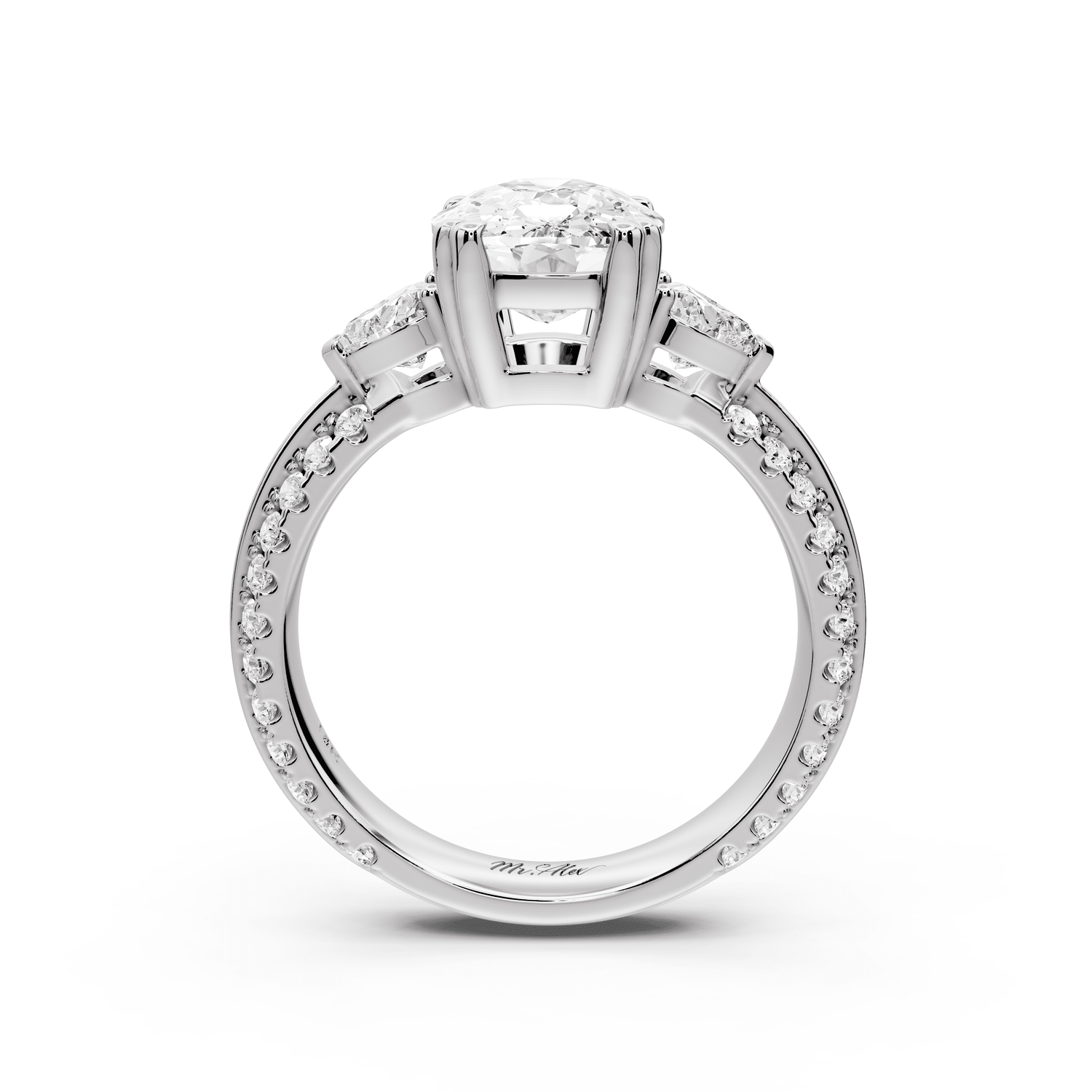 Elinor - 3ct 18k white gold ecushion diamond Double talon prongs with two heart side stones and rollover pavé engagement ring - Mr. Alex Jewelry