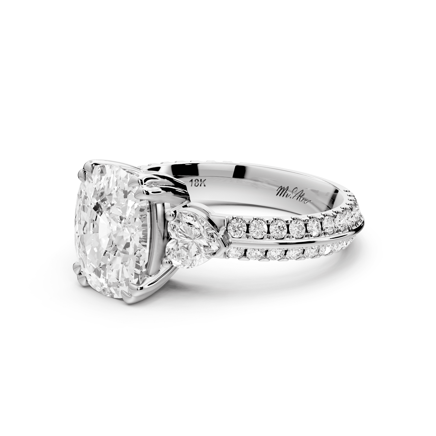 Elinor - 3ct 18k white gold ecushion diamond Double talon prongs with two heart side stones and rollover pavé engagement ring - Mr. Alex Jewelry