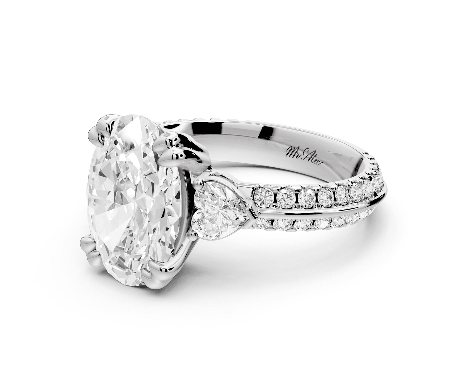 Elinor - 3ct 18k white gold oval diamond Double talon prongs with two heart side stones and rollover pavé engagement ring - Mr. Alex Jewelry