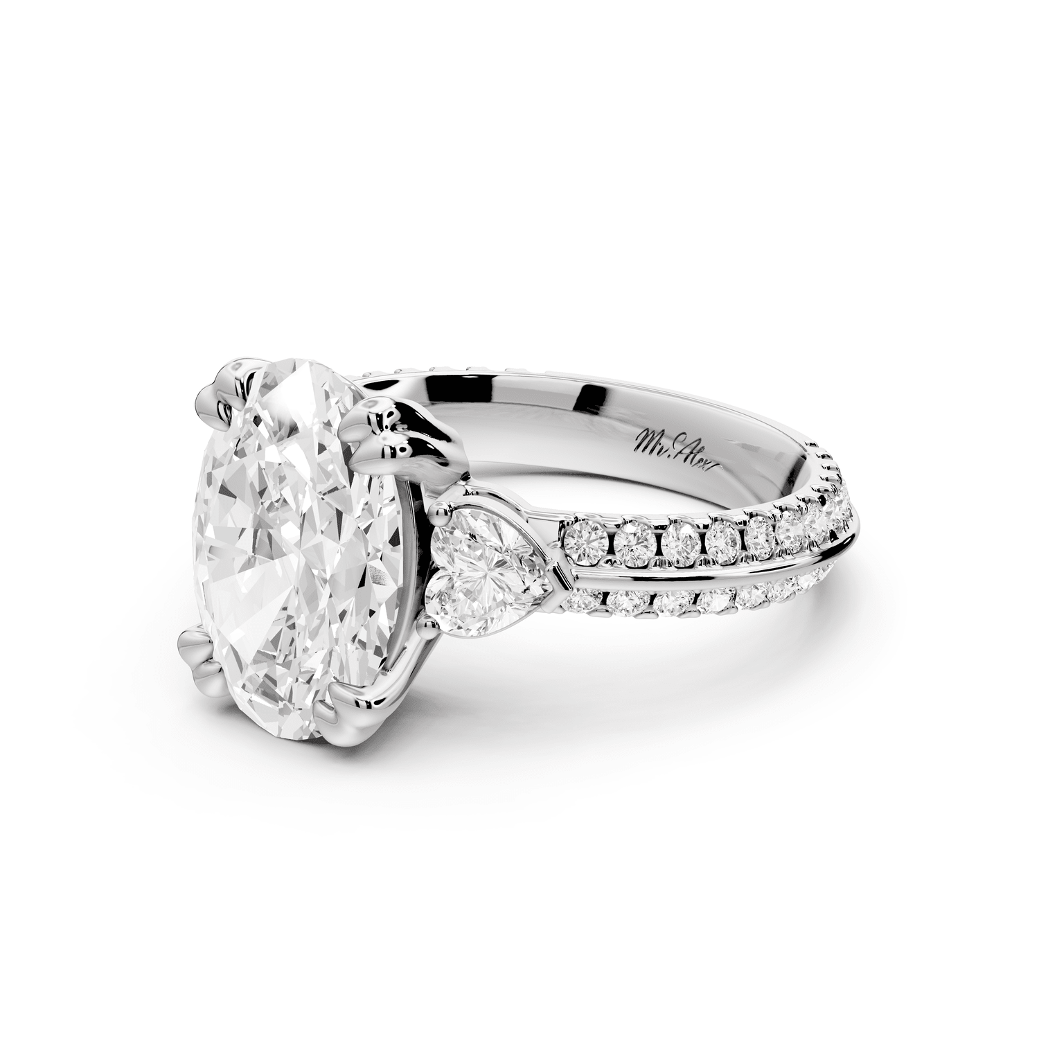 Elinor - 3ct 18k white gold oval diamond Double talon prongs with two heart side stones and rollover pavé engagement ring - Mr. Alex Jewelry