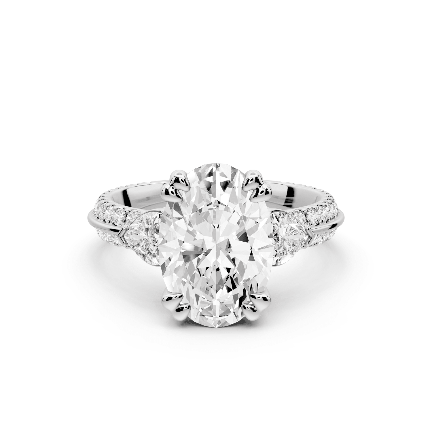 Elinor - 3ct 18k white gold oval diamond Double talon prongs with two heart side stones and rollover pavé engagement ring - Mr. Alex Jewelry