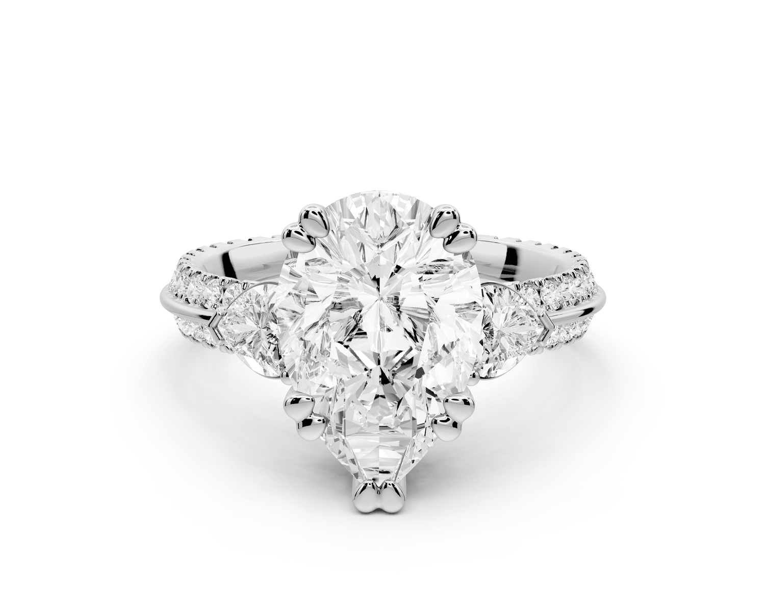 Elinor - 3ct 18k white gold pear diamond Double talon prongs with two heart side stones and rollover pavé engagement ring - Mr. Alex Jewelry