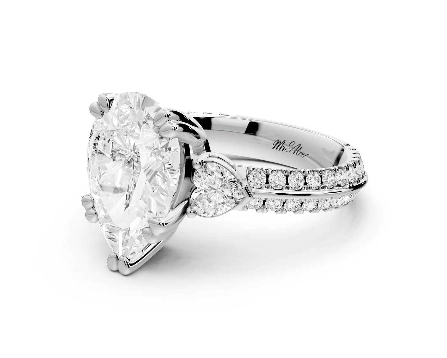 Elinor - 3ct 18k white gold pear diamond Double talon prongs with two heart side stones and rollover pavé engagement ring - Mr. Alex Jewelry