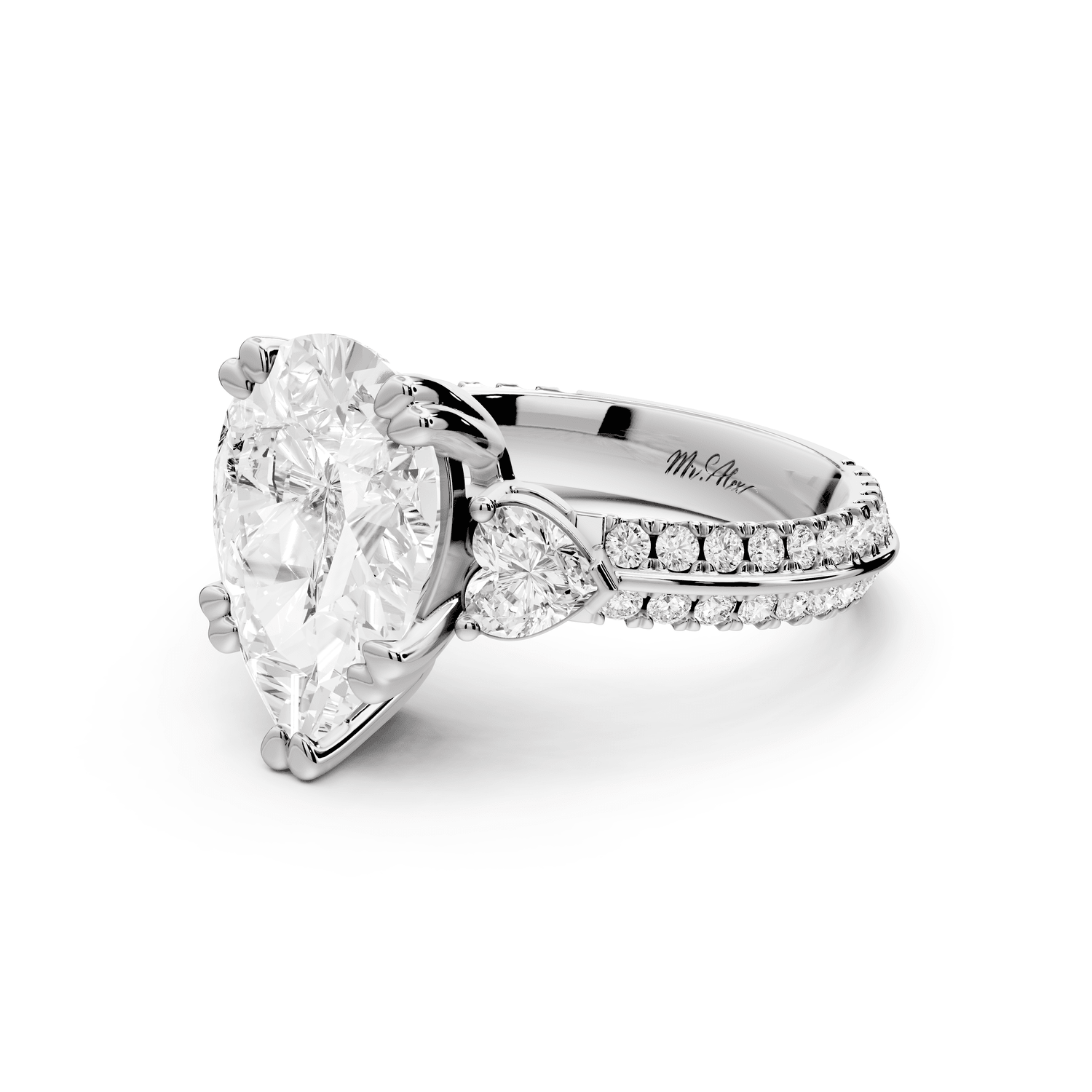 Elinor - 3ct 18k white gold pear diamond Double talon prongs with two heart side stones and rollover pavé engagement ring - Mr. Alex Jewelry