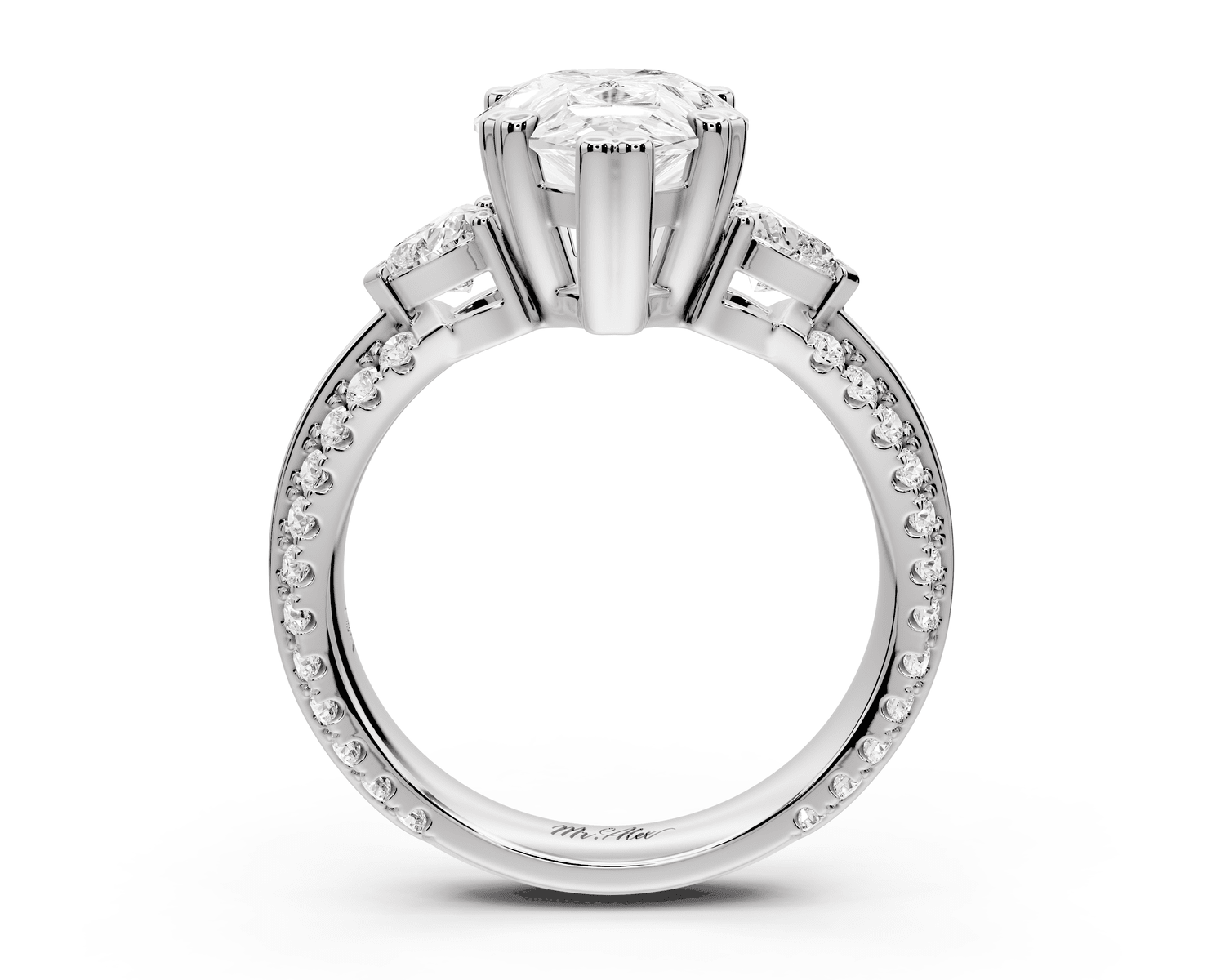 Elinor - 3ct 18k white gold pear diamond Double talon prongs with two heart side stones and rollover pavé engagement ring - Mr. Alex Jewelry