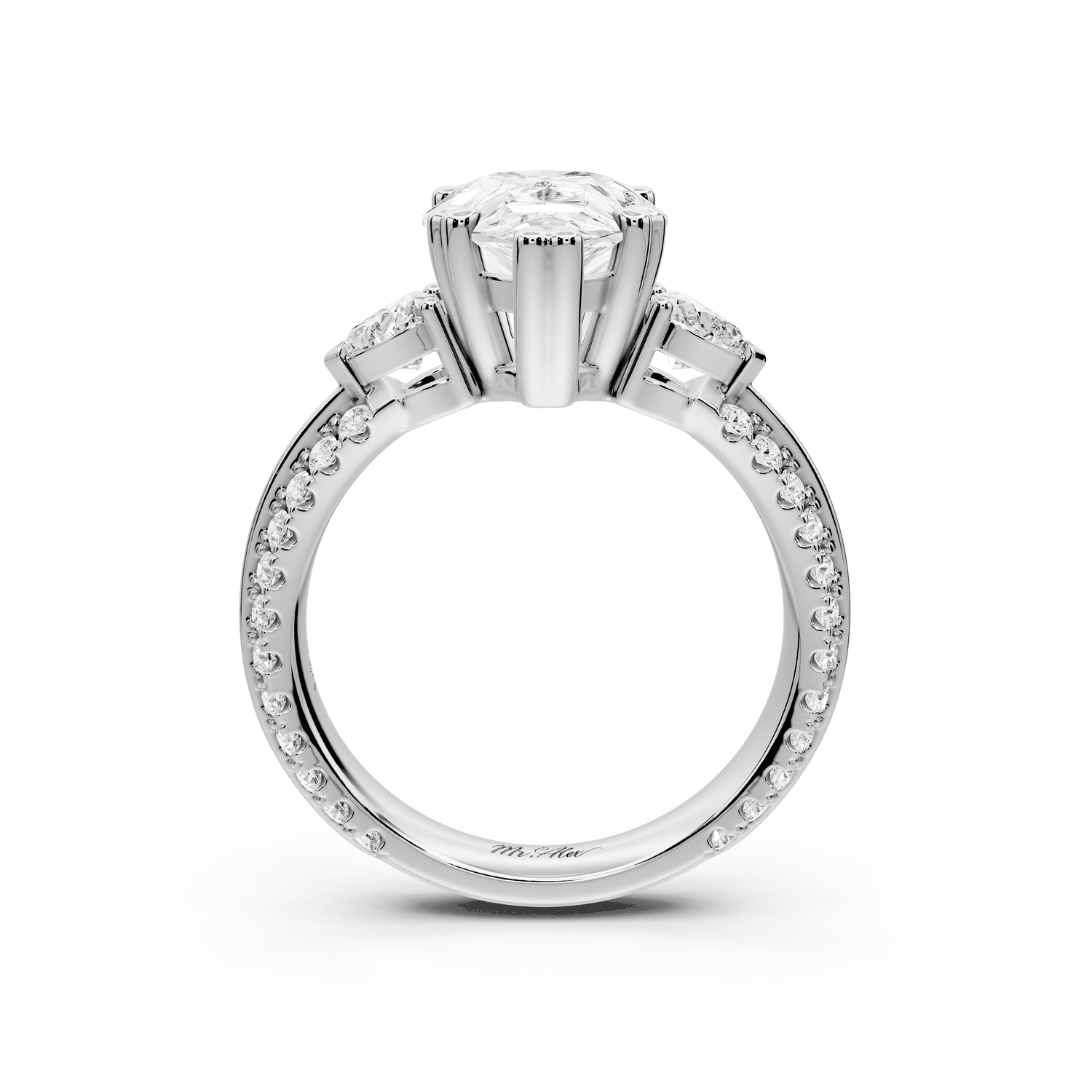 Elinor - 3ct 18k white gold pear diamond Double talon prongs with two heart side stones and rollover pavé engagement ring - Mr. Alex Jewelry