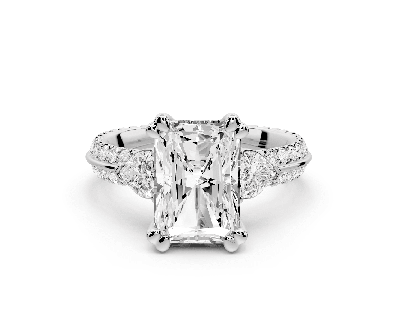 Elinor - 3ct 18k white gold radiant diamond Double talon prongs with two heart side stones and rollover pavé engagement ring - Mr. Alex Jewelry