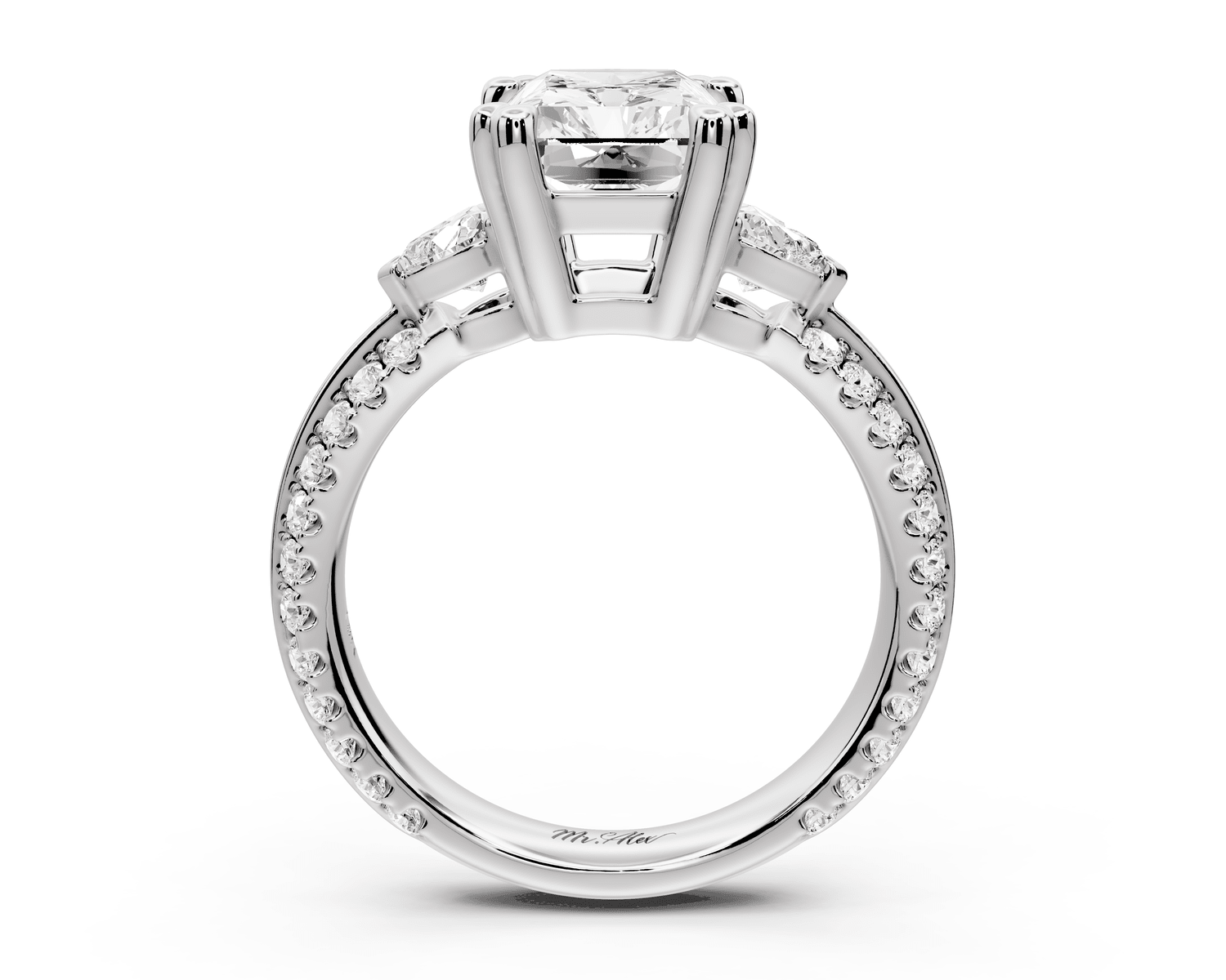 Elinor - 3ct 18k white gold radiant diamond Double talon prongs with two heart side stones and rollover pavé engagement ring - Mr. Alex Jewelry