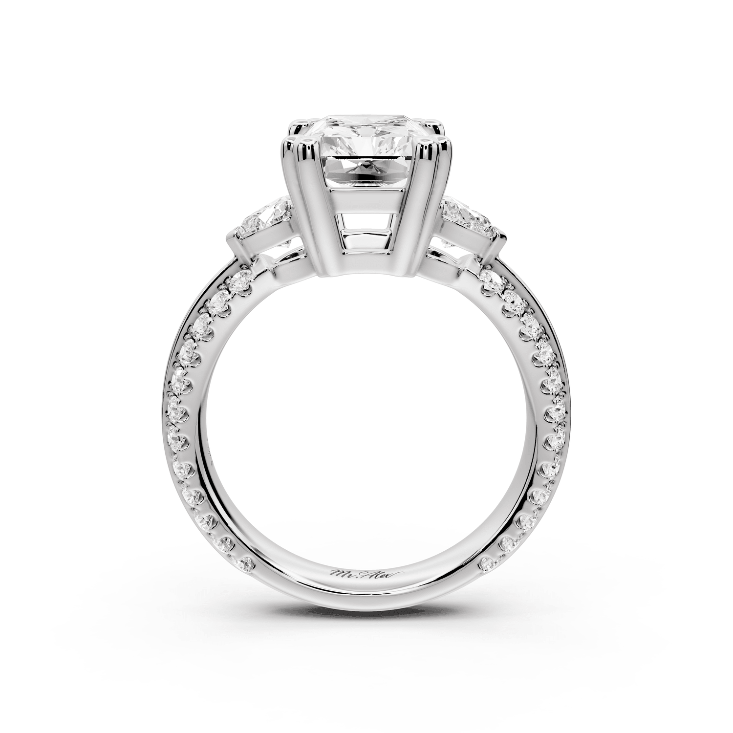Elinor - 3ct 18k white gold radiant diamond Double talon prongs with two heart side stones and rollover pavé engagement ring - Mr. Alex Jewelry