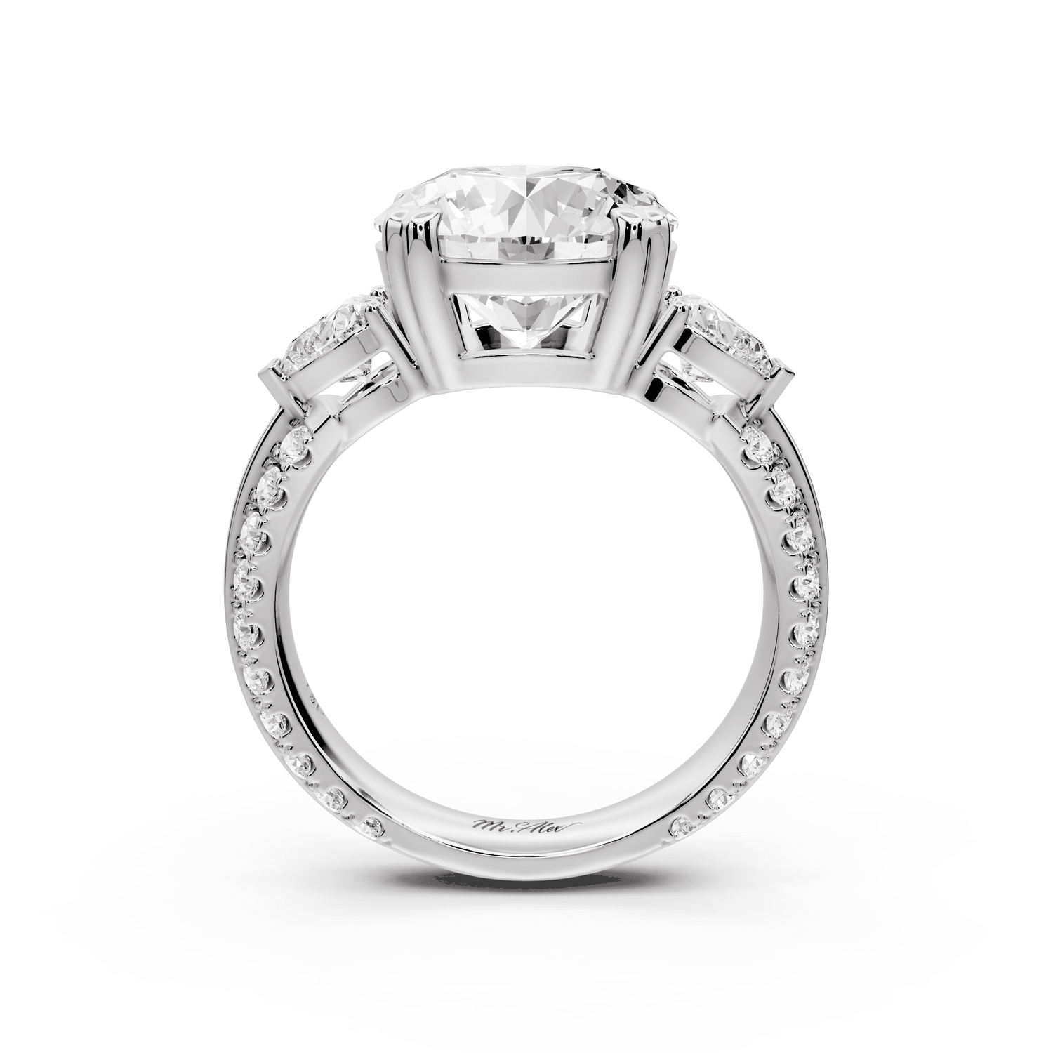 Elinor - 3ct 18k white gold round diamond Double talon prongs with two heart side stones and rollover pavé engagement ring - Mr. Alex Jewelry
