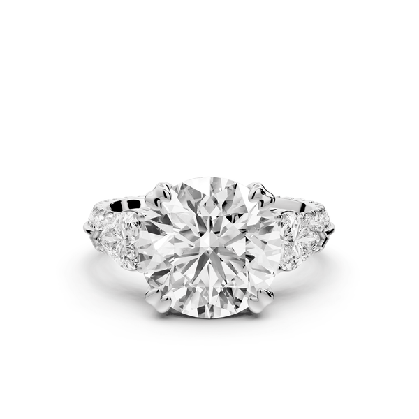 Elinor - 3ct 18k white gold round diamond Double talon prongs with two heart side stones and rollover pavé engagement ring - Mr. Alex Jewelry