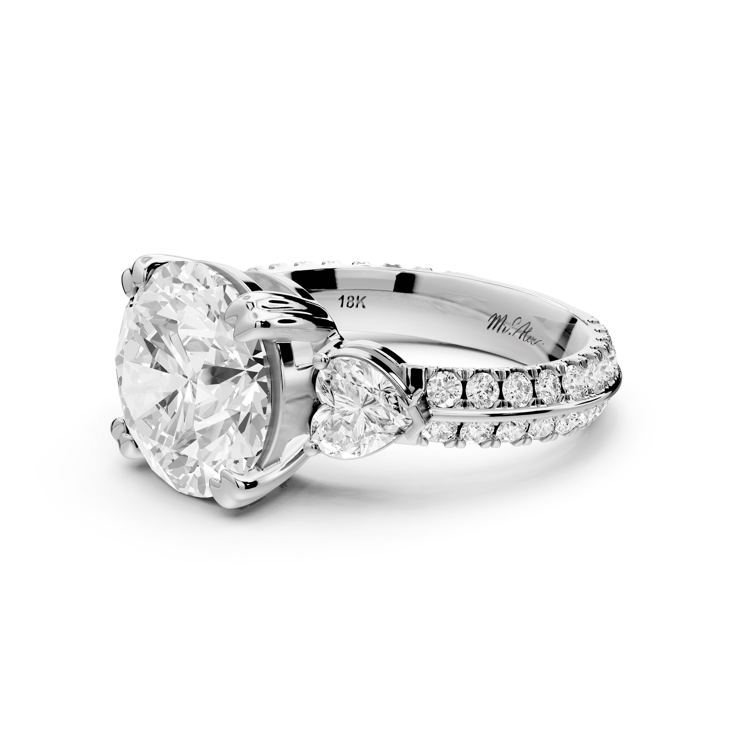 Elinor - 3ct 18k white gold round diamond Double talon prongs with two heart side stones and rollover pavé engagement ring - Mr. Alex Jewelry