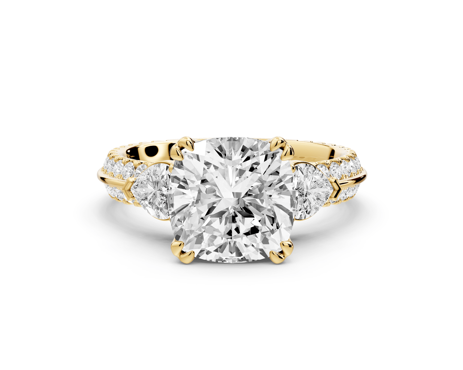 Elinor - 3ct 18k yellow gold cushion diamond Double talon prongs with two heart side stones and rollover pavé engagement ring - Mr. Alex Jewelry