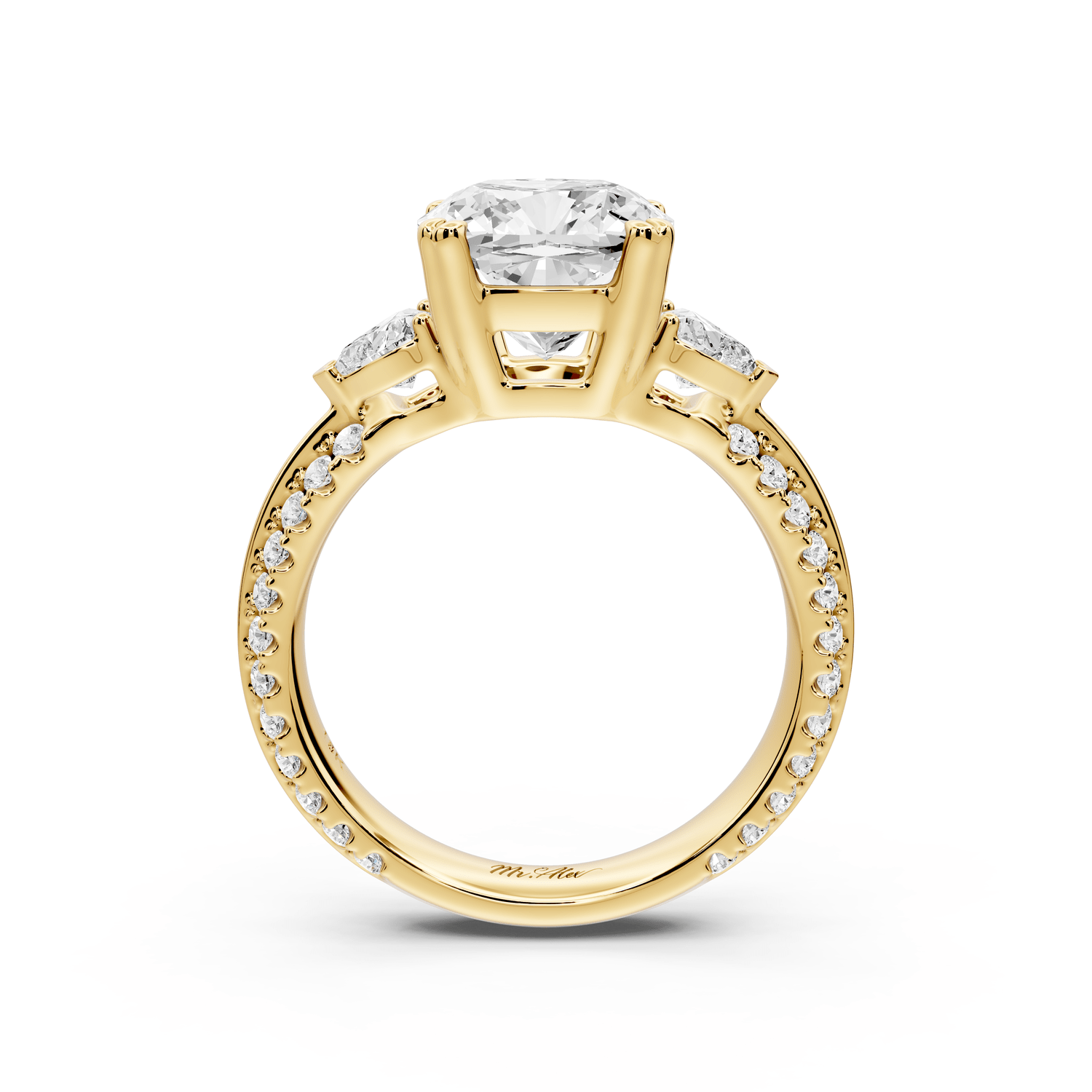 Elinor - 3ct 18k yellow gold cushion diamond Double talon prongs with two heart side stones and rollover pavé engagement ring - Mr. Alex Jewelry