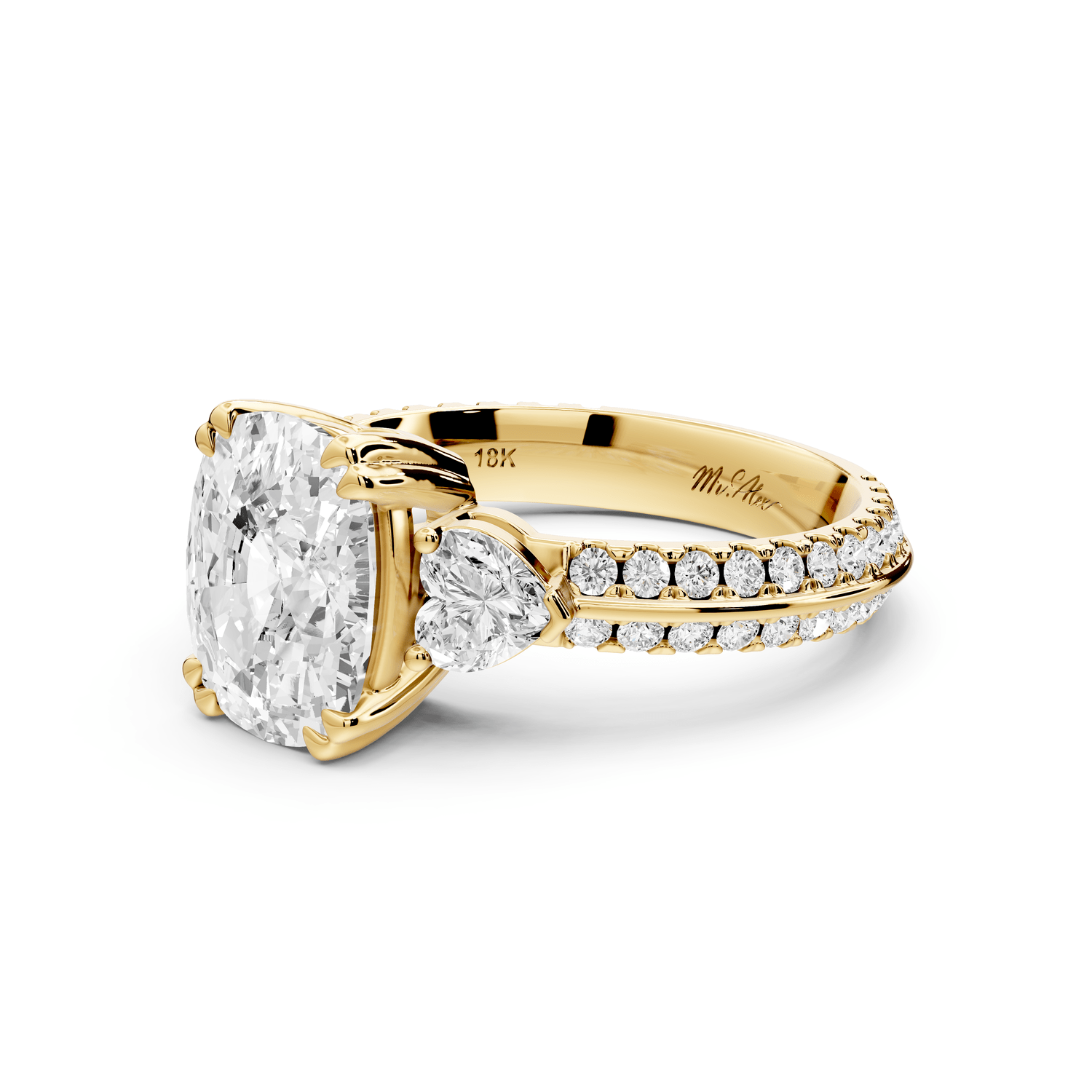 Elinor - 3ct 18k yellow gold ecushion diamond Double talon prongs with two heart side stones and rollover pavé engagement ring - Mr. Alex Jewelry