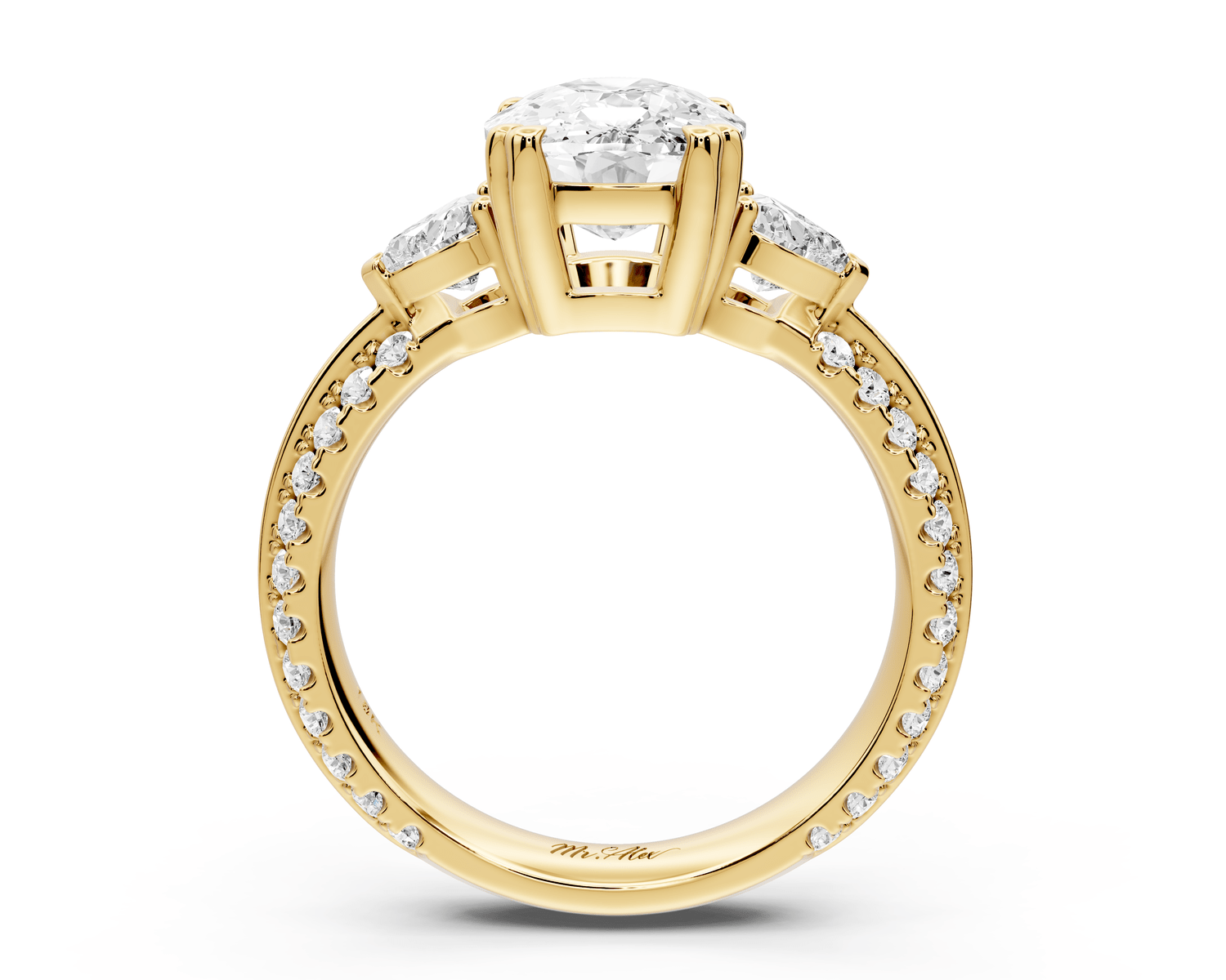 Elinor - 3ct 18k yellow gold ecushion diamond Double talon prongs with two heart side stones and rollover pavé engagement ring - Mr. Alex Jewelry
