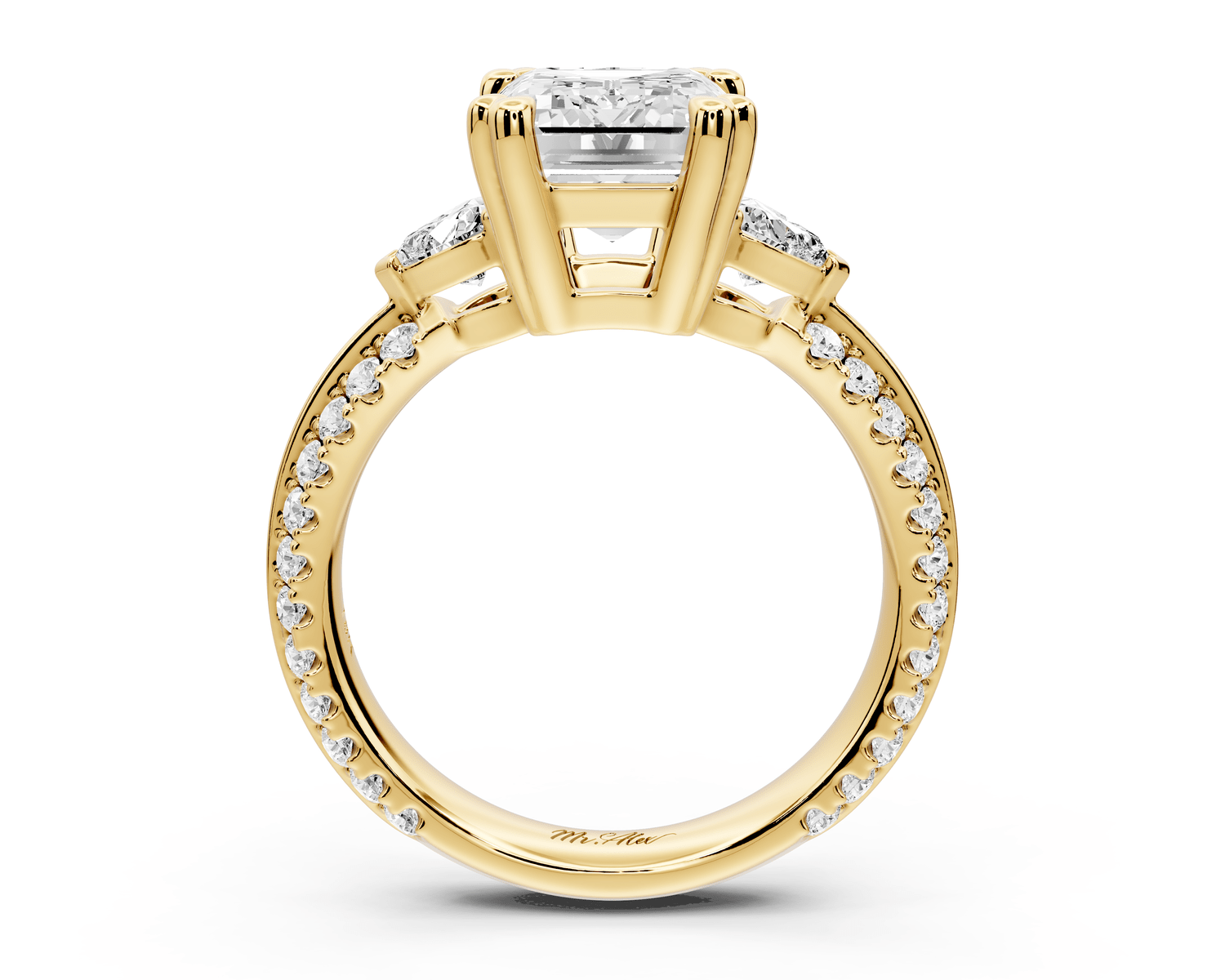 Elinor - 3ct 18k yellow gold emerald diamond Double talon prongs with two heart side stones and rollover pavé engagement ring - Mr. Alex Jewelry
