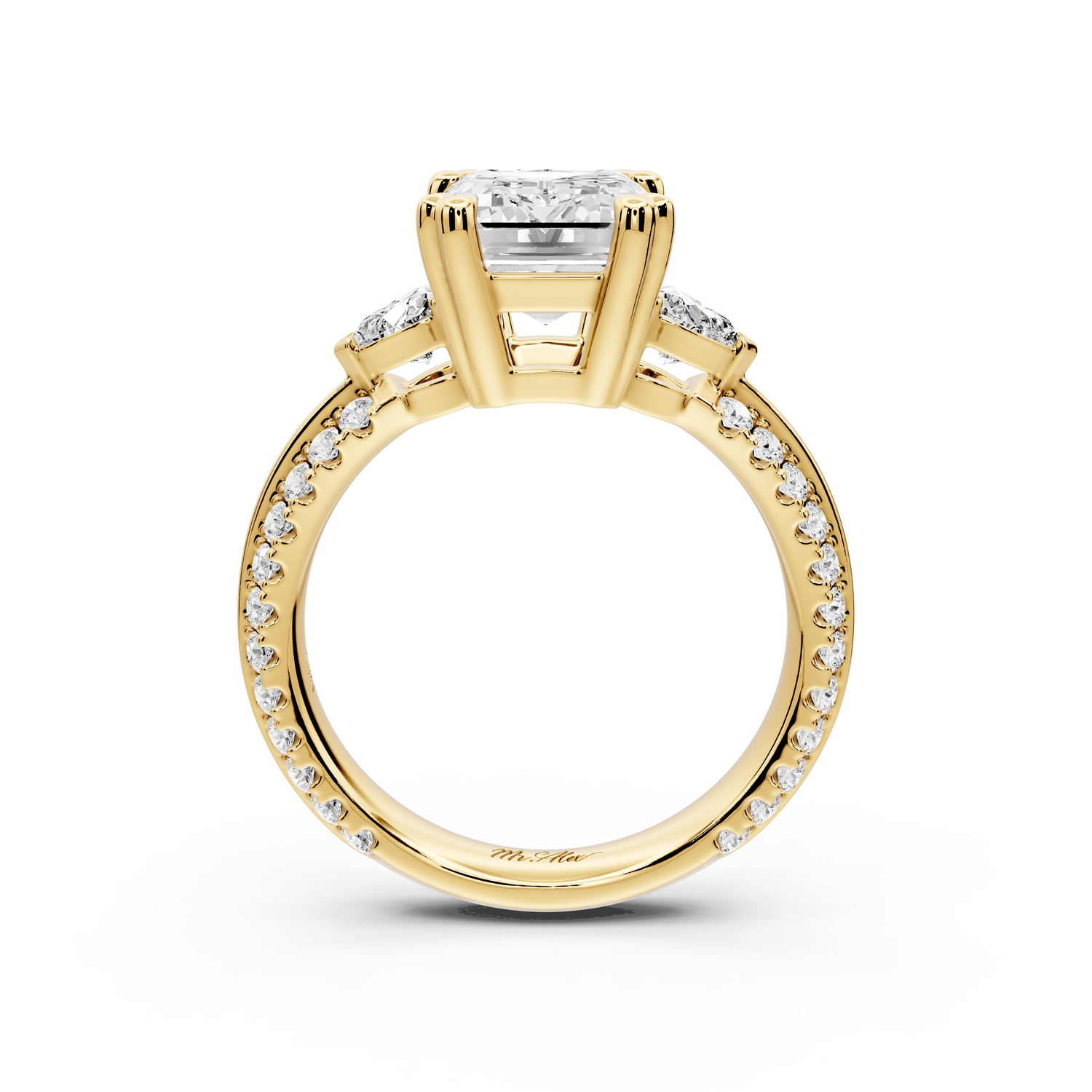 Elinor - 3ct 18k yellow gold emerald diamond Double talon prongs with two heart side stones and rollover pavé engagement ring - Mr. Alex Jewelry