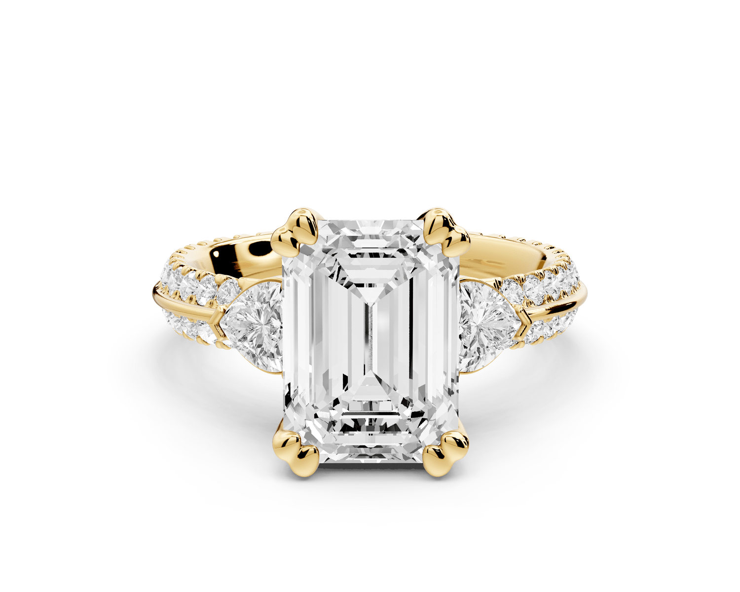 Elinor - 3ct 18k yellow gold emerald diamond Double talon prongs with two heart side stones and rollover pavé engagement ring - Mr. Alex Jewelry