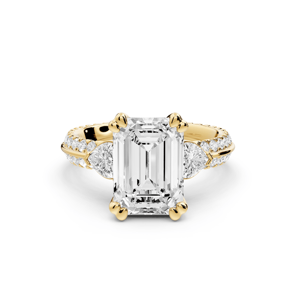 Elinor - 3ct 18k yellow gold emerald diamond Double talon prongs with two heart side stones and rollover pavé engagement ring - Mr. Alex Jewelry