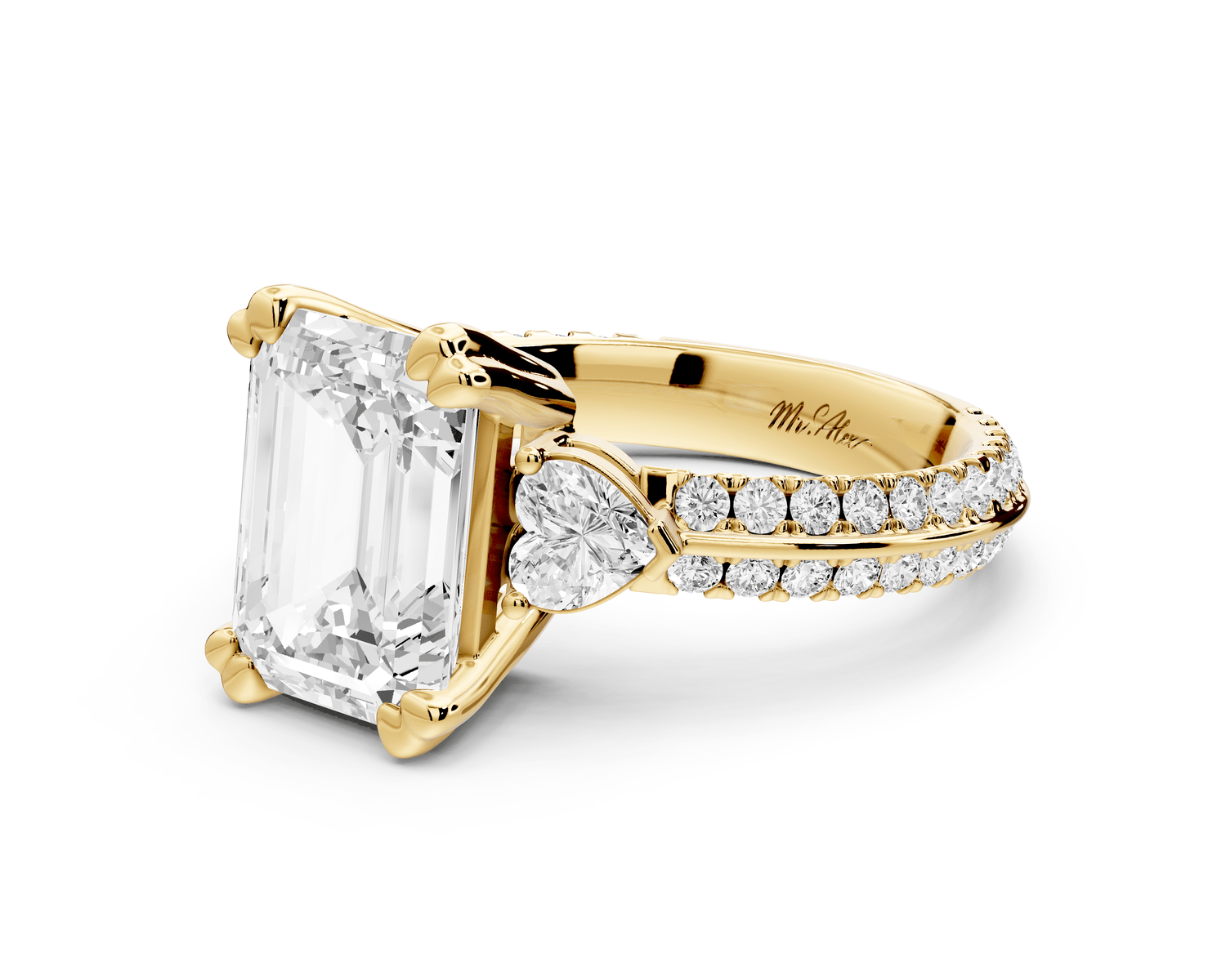 Elinor - 3ct 18k yellow gold emerald diamond Double talon prongs with two heart side stones and rollover pavé engagement ring - Mr. Alex Jewelry