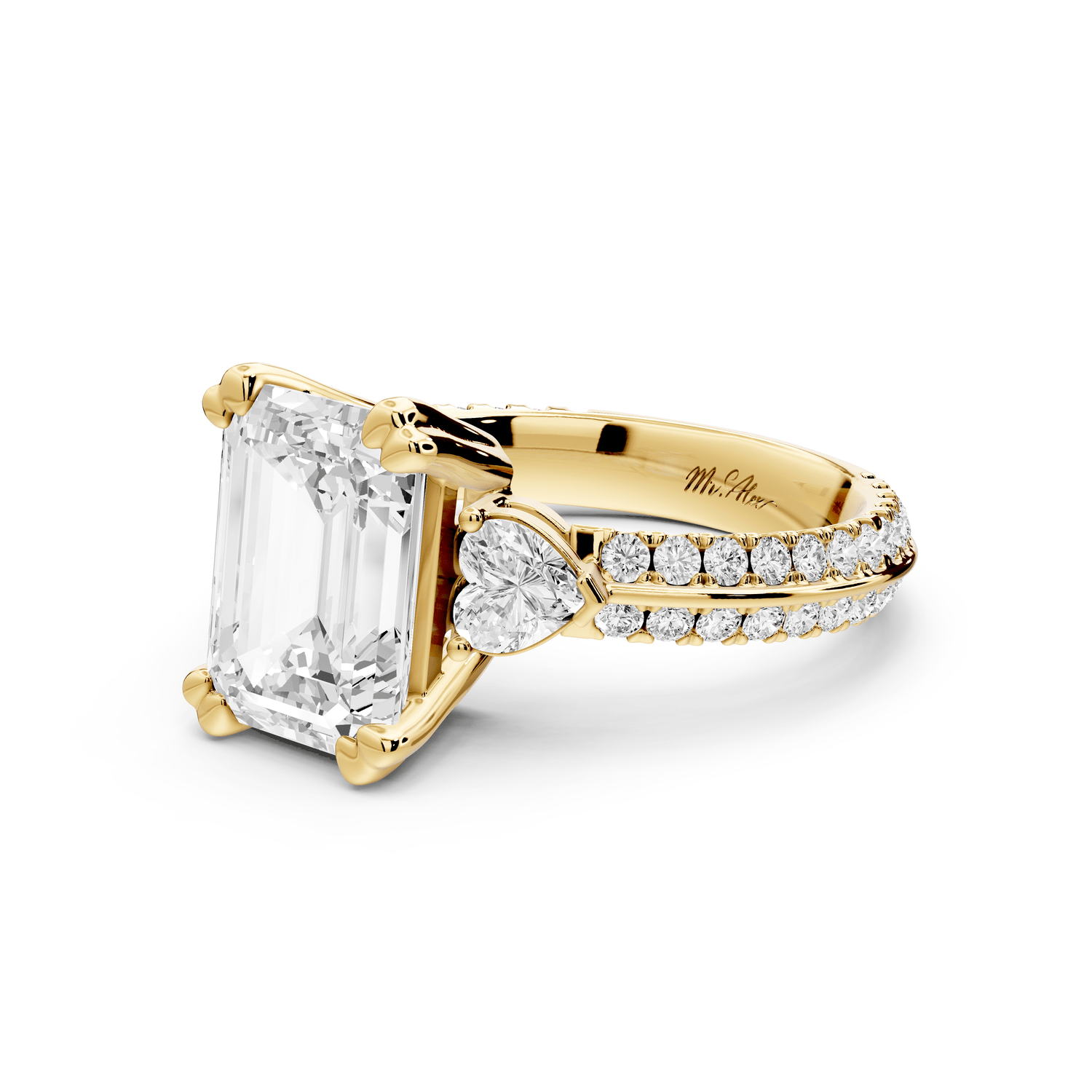 Elinor - 3ct 18k yellow gold emerald diamond Double talon prongs with two heart side stones and rollover pavé engagement ring - Mr. Alex Jewelry