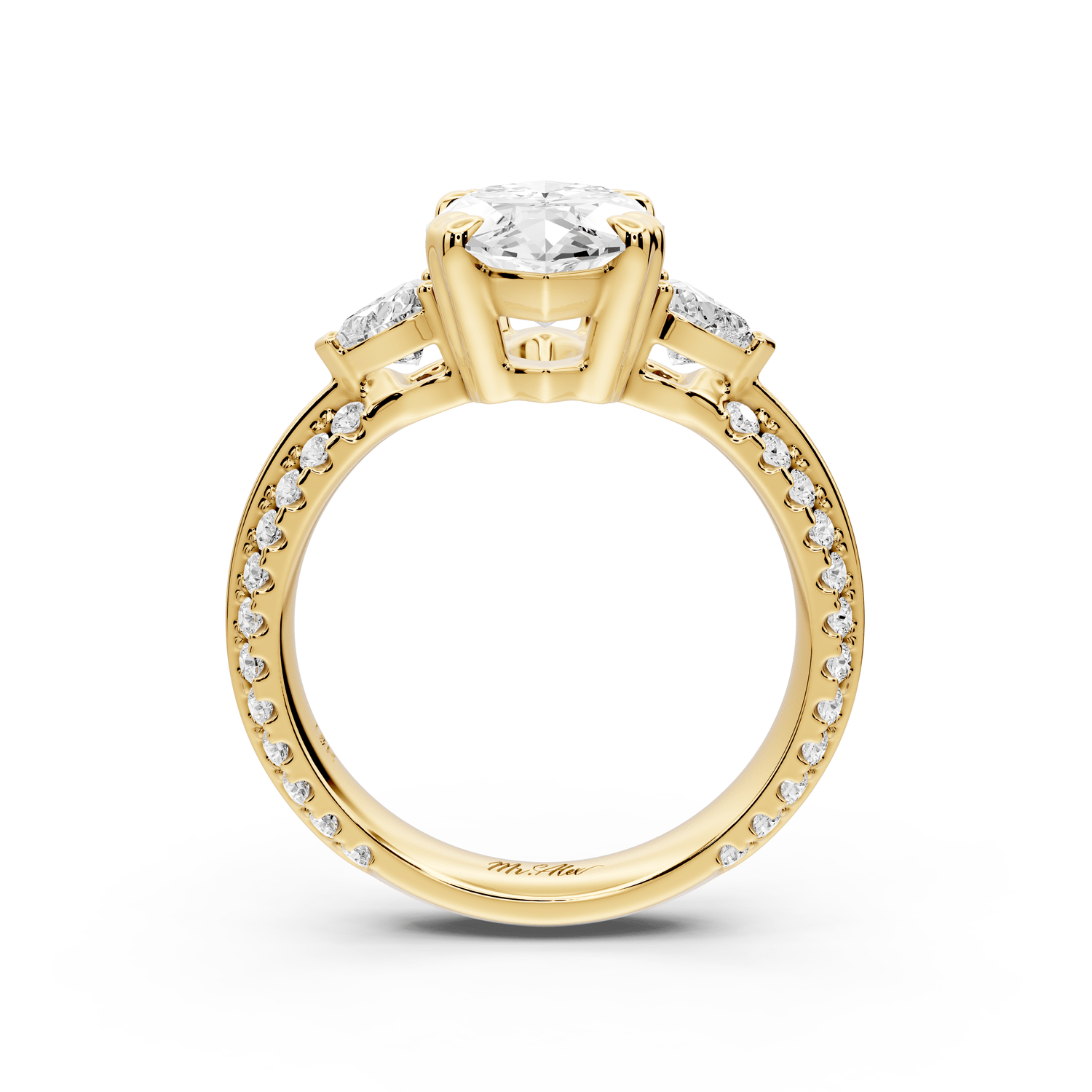 Elinor - 3ct 18k yellow gold marquise diamond Double talon prongs with two heart side stones and rollover pavé engagement ring - Mr. Alex Jewelry