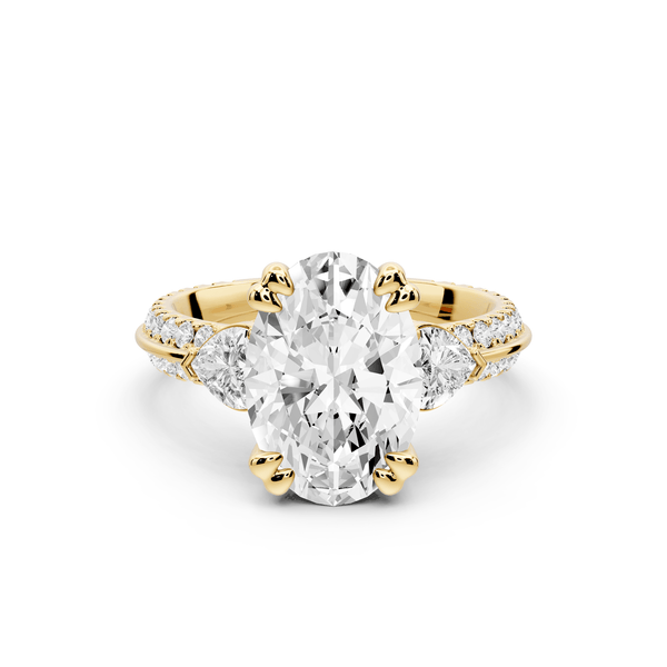 Elinor - 3ct 18k yellow gold oval diamond Double talon prongs with two heart side stones and rollover pavé engagement ring - Mr. Alex Jewelry