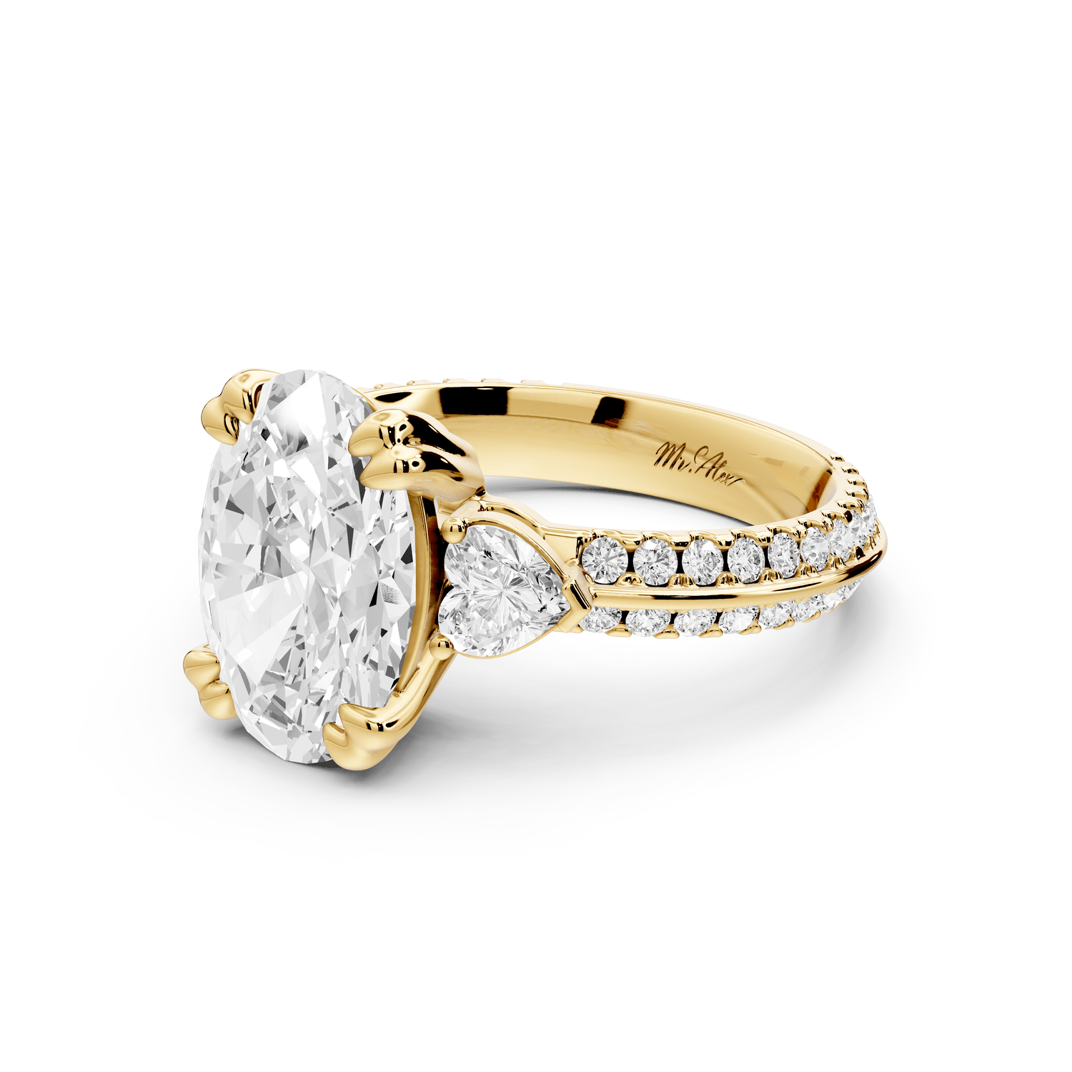 Elinor - 3ct 18k yellow gold oval diamond Double talon prongs with two heart side stones and rollover pavé engagement ring - Mr. Alex Jewelry