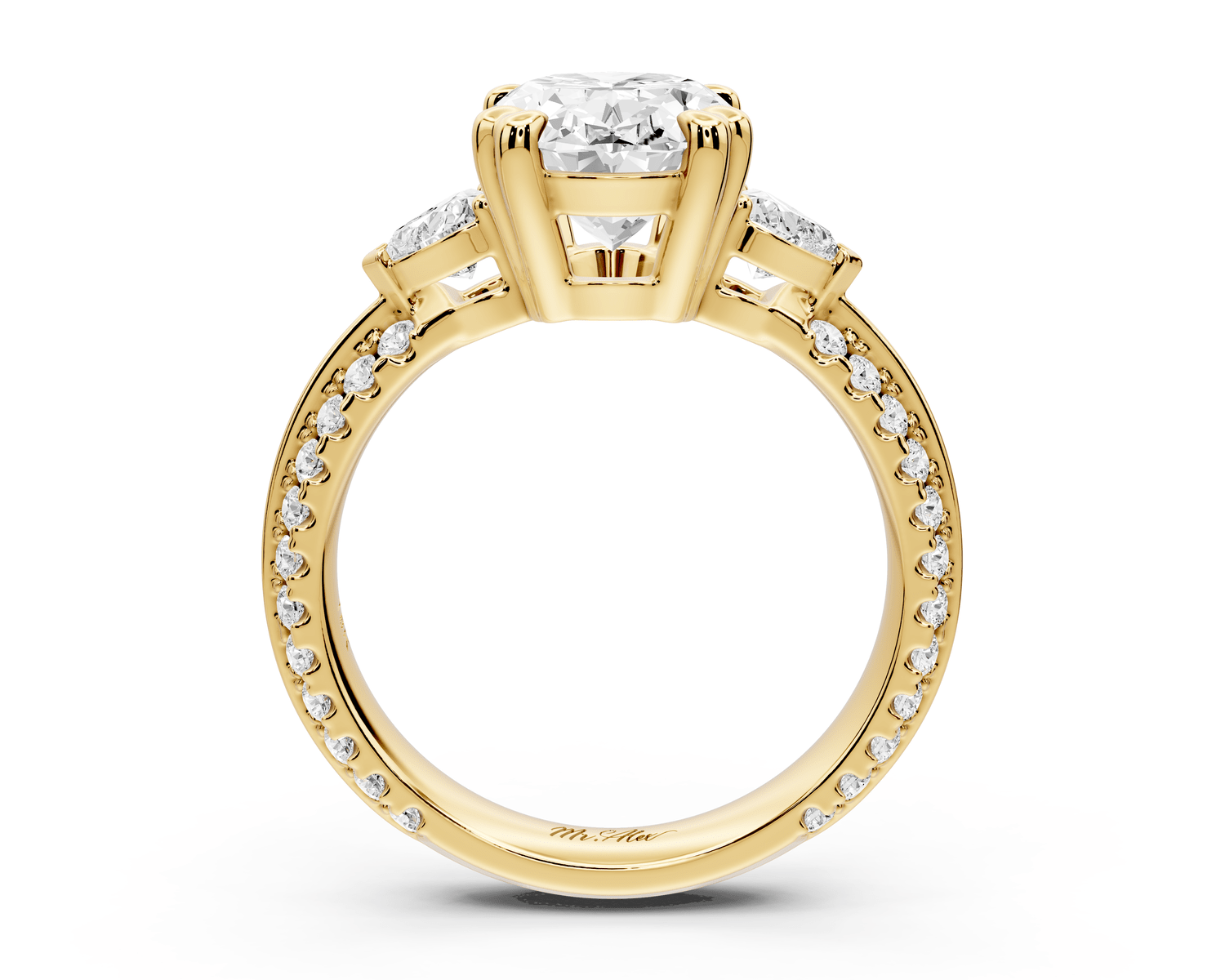 Elinor - 3ct 18k yellow gold oval diamond Double talon prongs with two heart side stones and rollover pavé engagement ring - Mr. Alex Jewelry