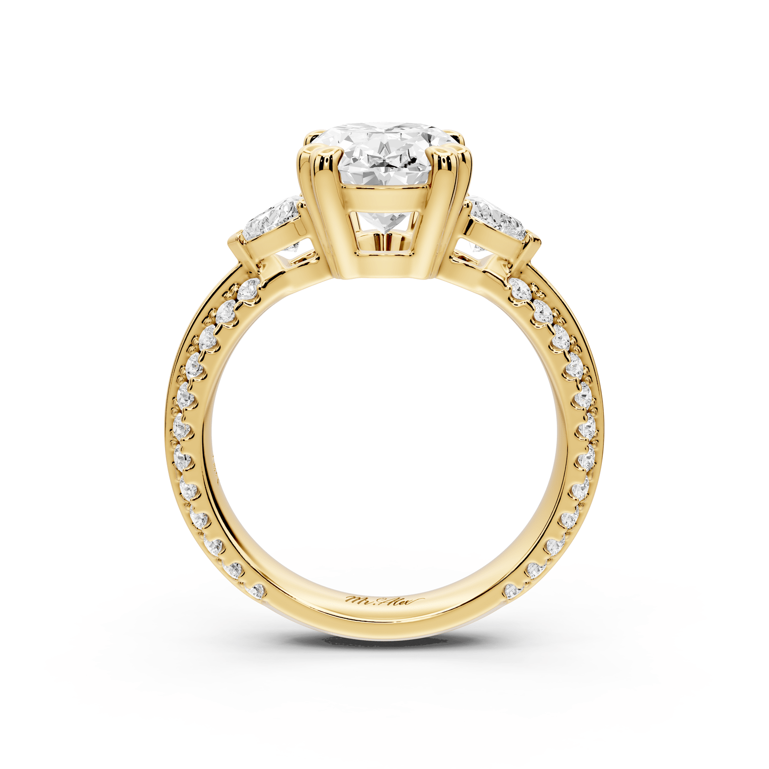 Elinor - 3ct 18k yellow gold oval diamond Double talon prongs with two heart side stones and rollover pavé engagement ring - Mr. Alex Jewelry