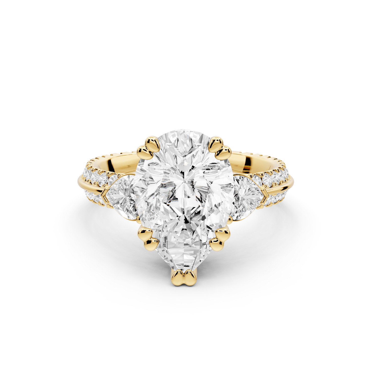 Elinor - 3ct 18k yellow gold pear diamond Double talon prongs with two heart side stones and rollover pavé engagement ring - Mr. Alex Jewelry