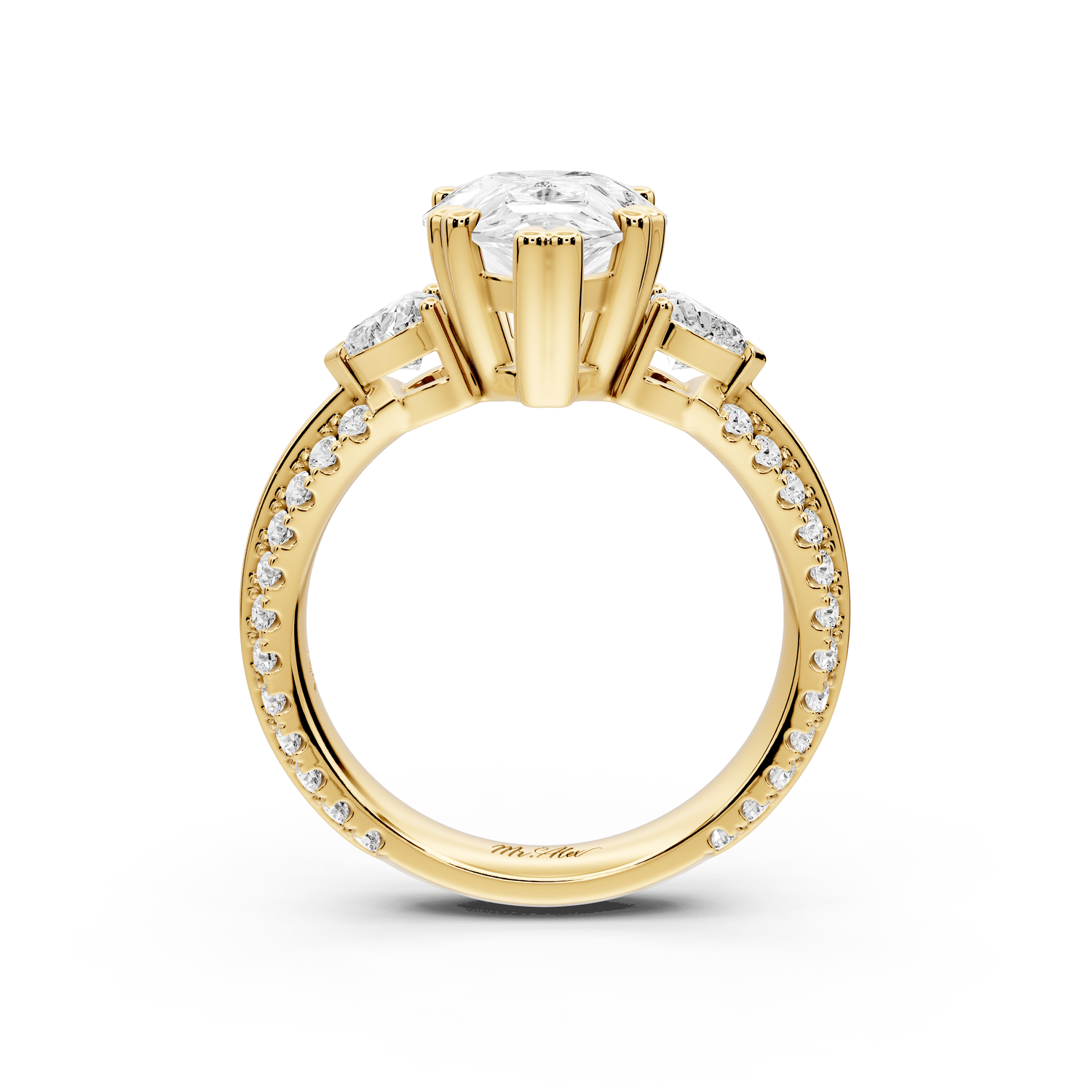 Elinor - 3ct 18k yellow gold pear diamond Double talon prongs with two heart side stones and rollover pavé engagement ring - Mr. Alex Jewelry