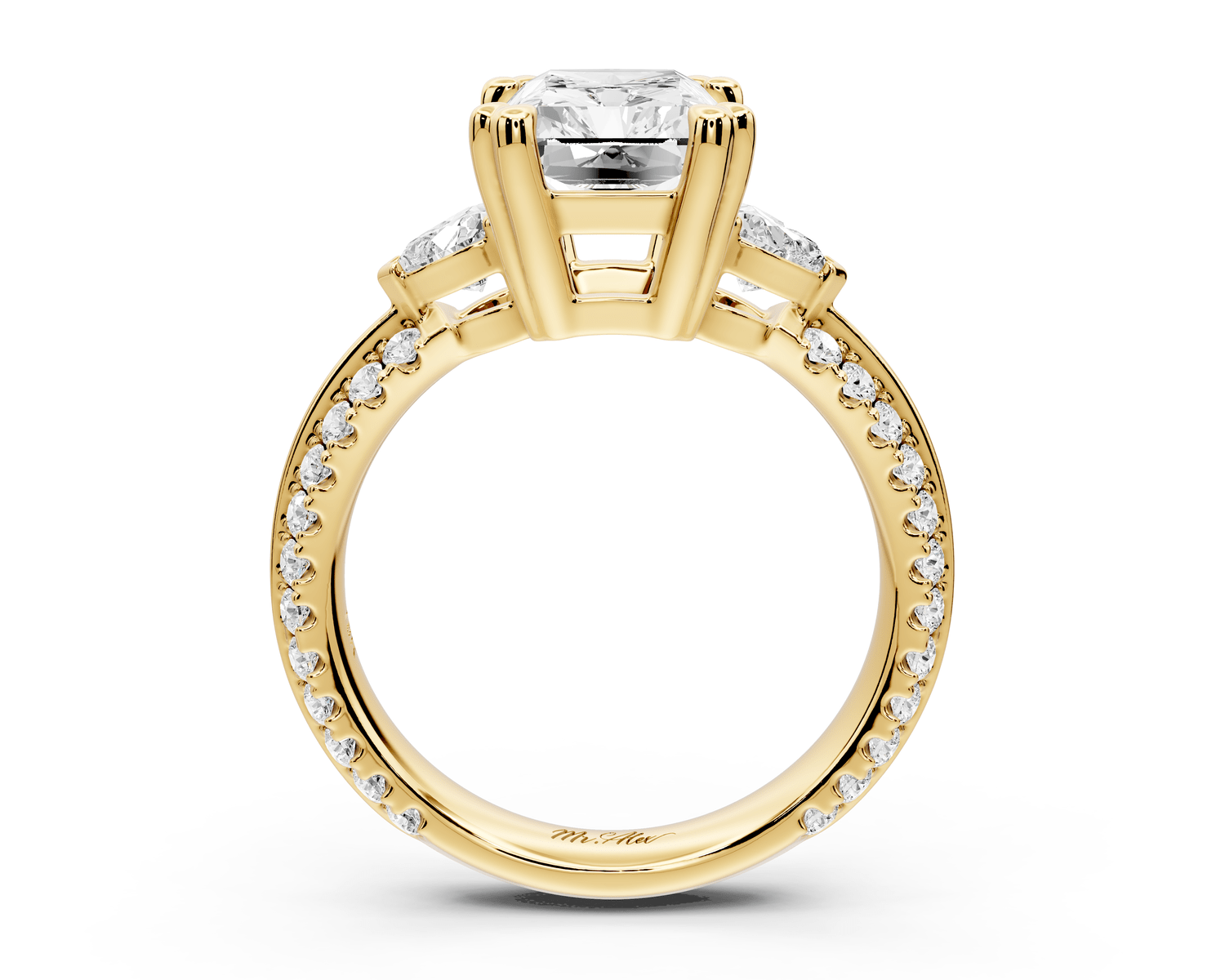 Elinor - 3ct 18k yellow gold radiant diamond Double talon prongs with two heart side stones and rollover pavé engagement ring - Mr. Alex Jewelry