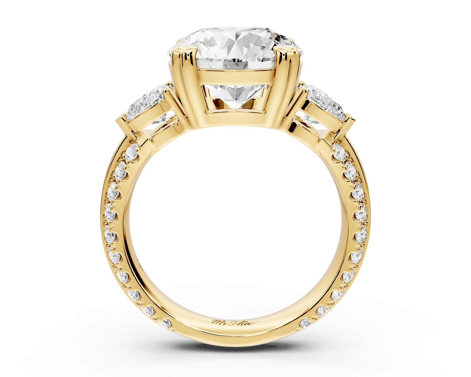 Elinor - 3ct 18k yellow gold round diamond Double talon prongs with two heart side stones and rollover pavé engagement ring - Mr. Alex Jewelry
