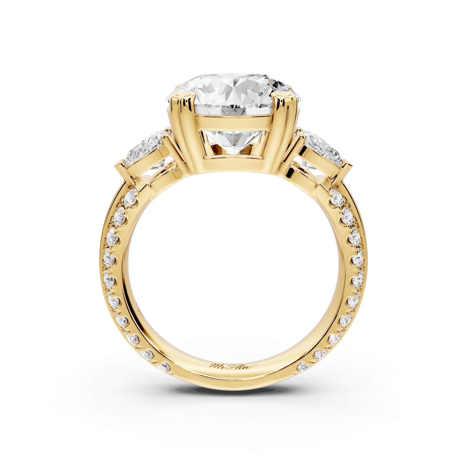 Elinor - 3ct 18k yellow gold round diamond Double talon prongs with two heart side stones and rollover pavé engagement ring - Mr. Alex Jewelry