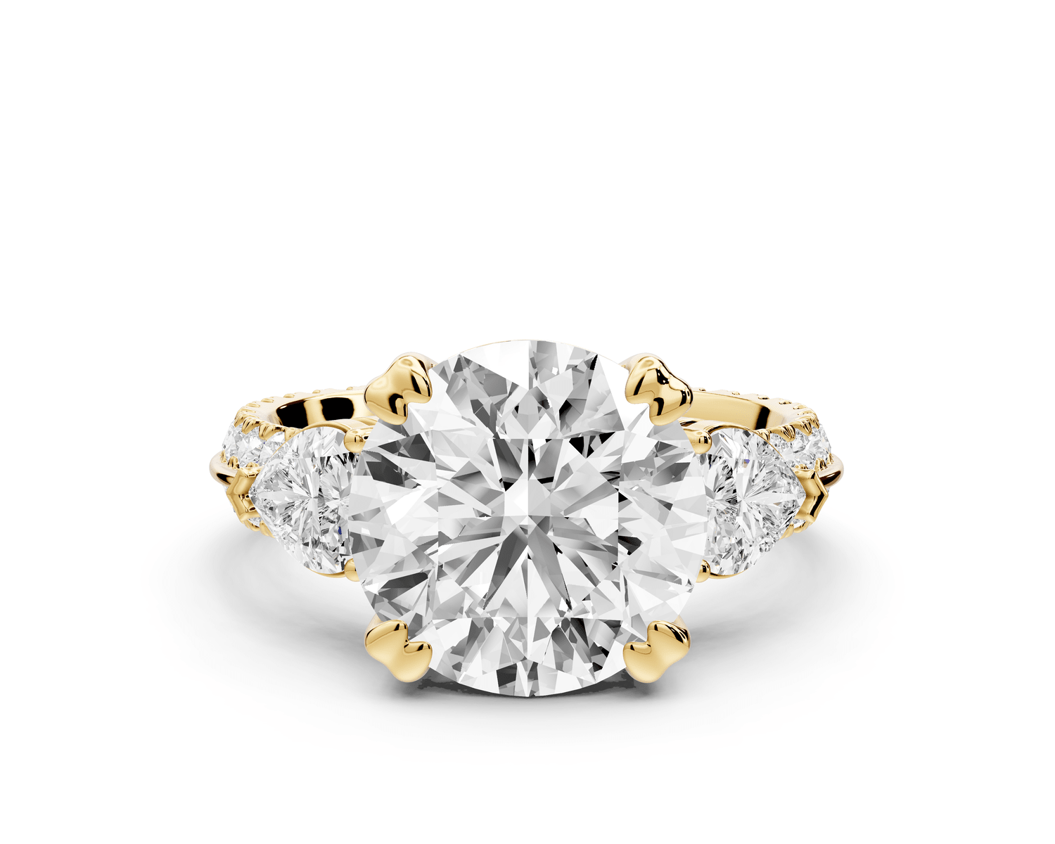 Elinor - 3ct 18k yellow gold round diamond Double talon prongs with two heart side stones and rollover pavé engagement ring - Mr. Alex Jewelry