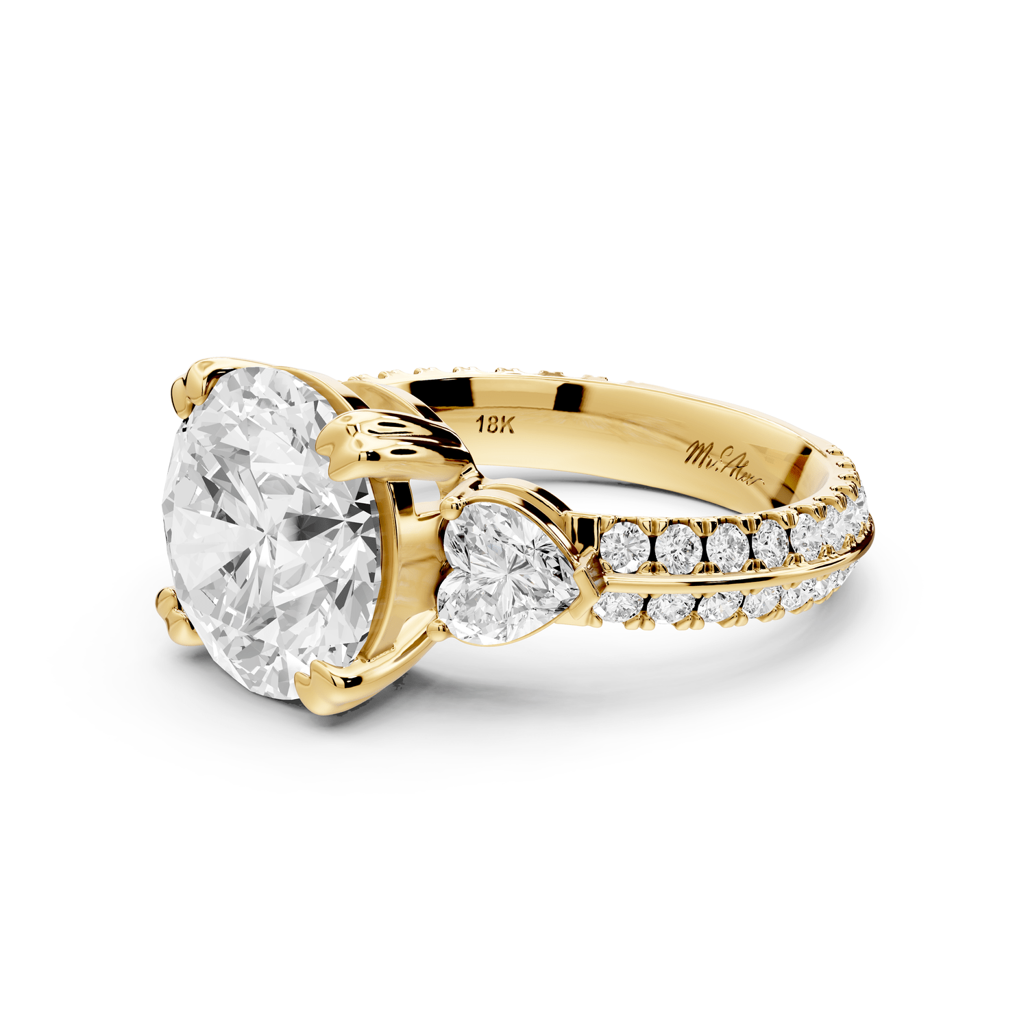 Elinor - 3ct 18k yellow gold round diamond Double talon prongs with two heart side stones and rollover pavé engagement ring - Mr. Alex Jewelry