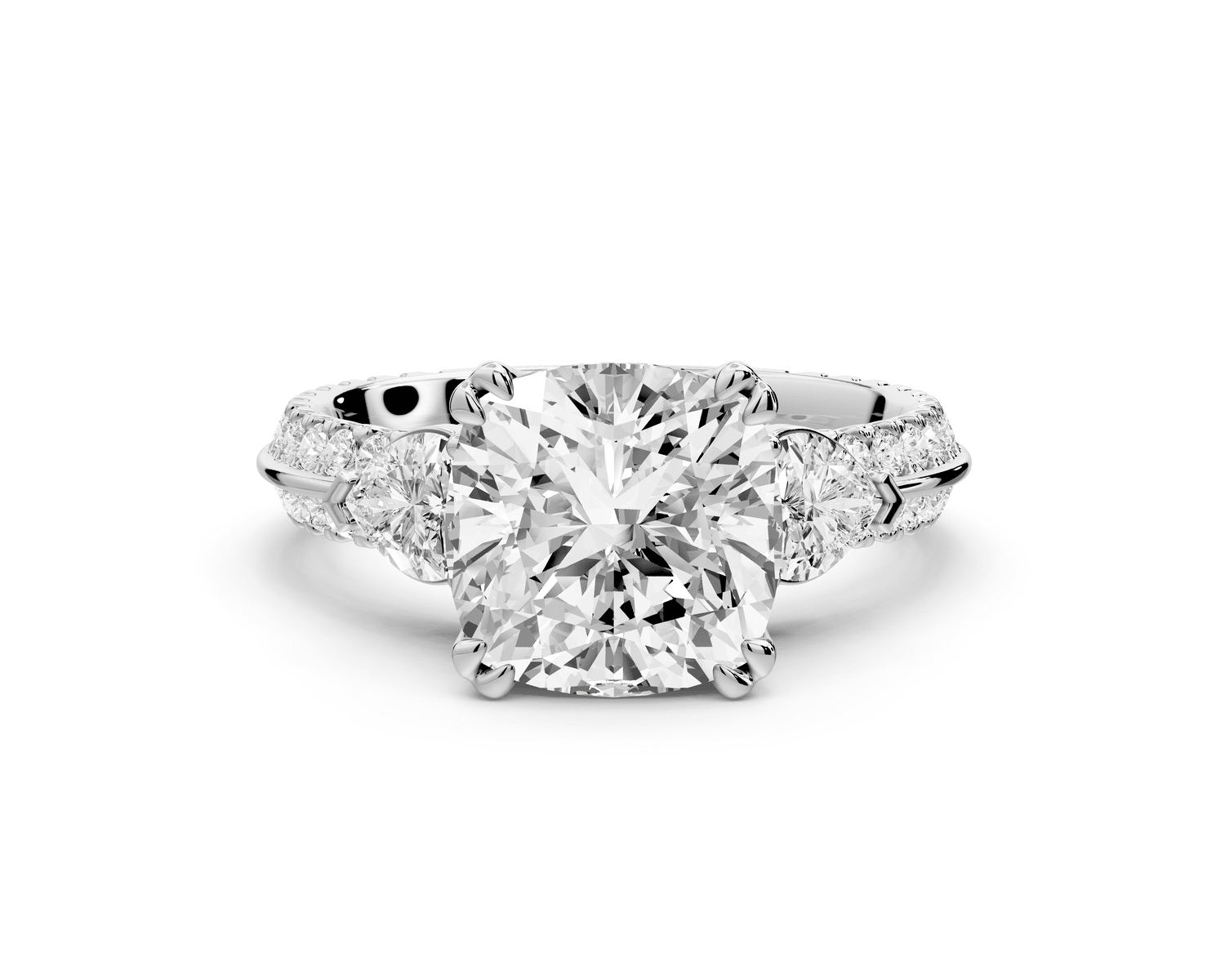 Elinor - 3ct platinum cushion diamond Double talon prongs with two heart side stones and rollover pavé engagement ring - Mr. Alex Jewelry