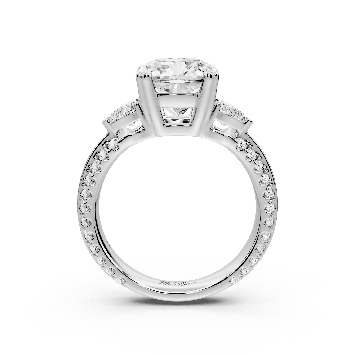 Elinor - 3ct platinum cushion diamond Double talon prongs with two heart side stones and rollover pavé engagement ring - Mr. Alex Jewelry