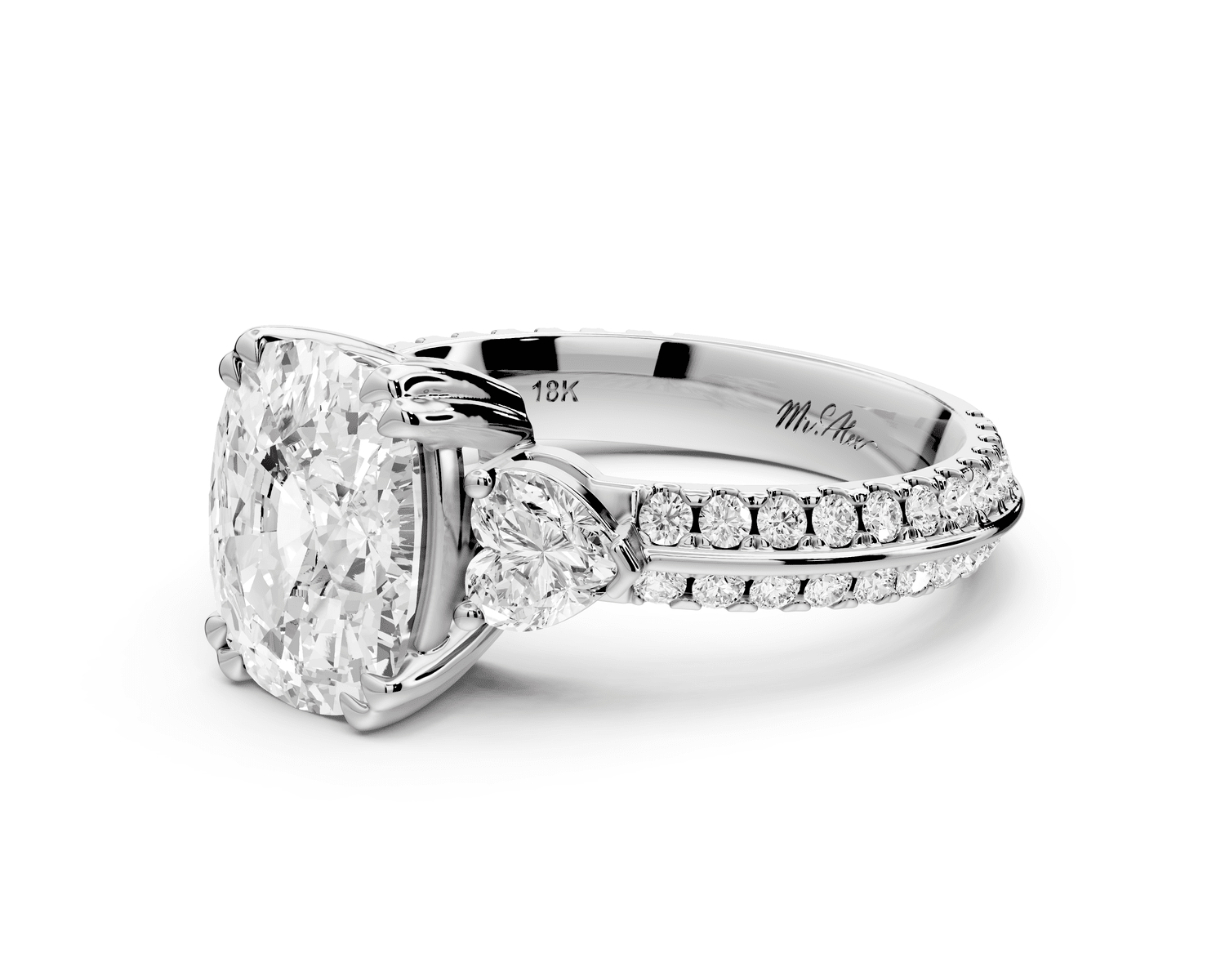 Elinor - 3ct platinum ecushion diamond Double talon prongs with two heart side stones and rollover pavé engagement ring - Mr. Alex Jewelry