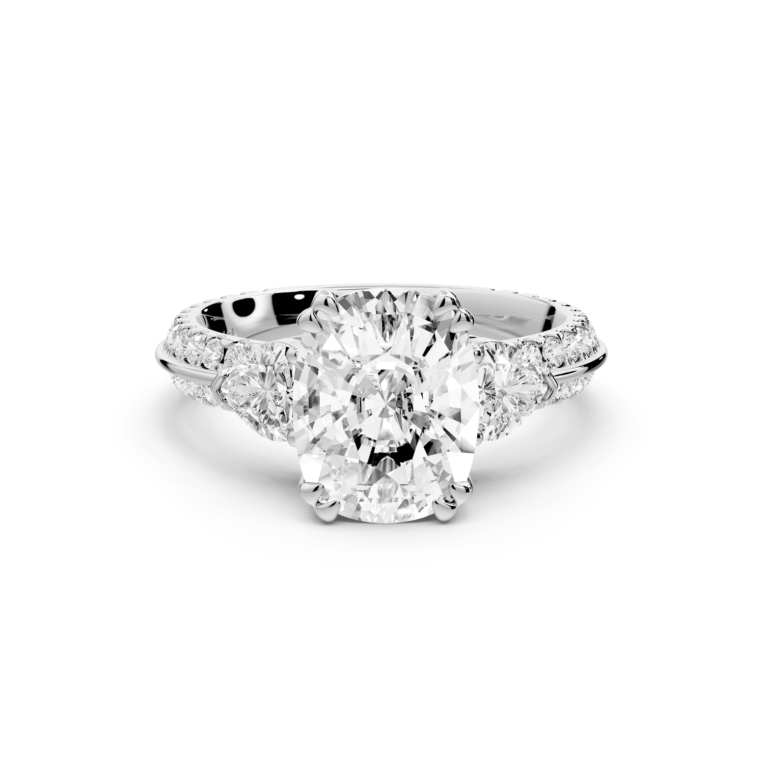 Elinor - 3ct platinum ecushion diamond Double talon prongs with two heart side stones and rollover pavé engagement ring - Mr. Alex Jewelry