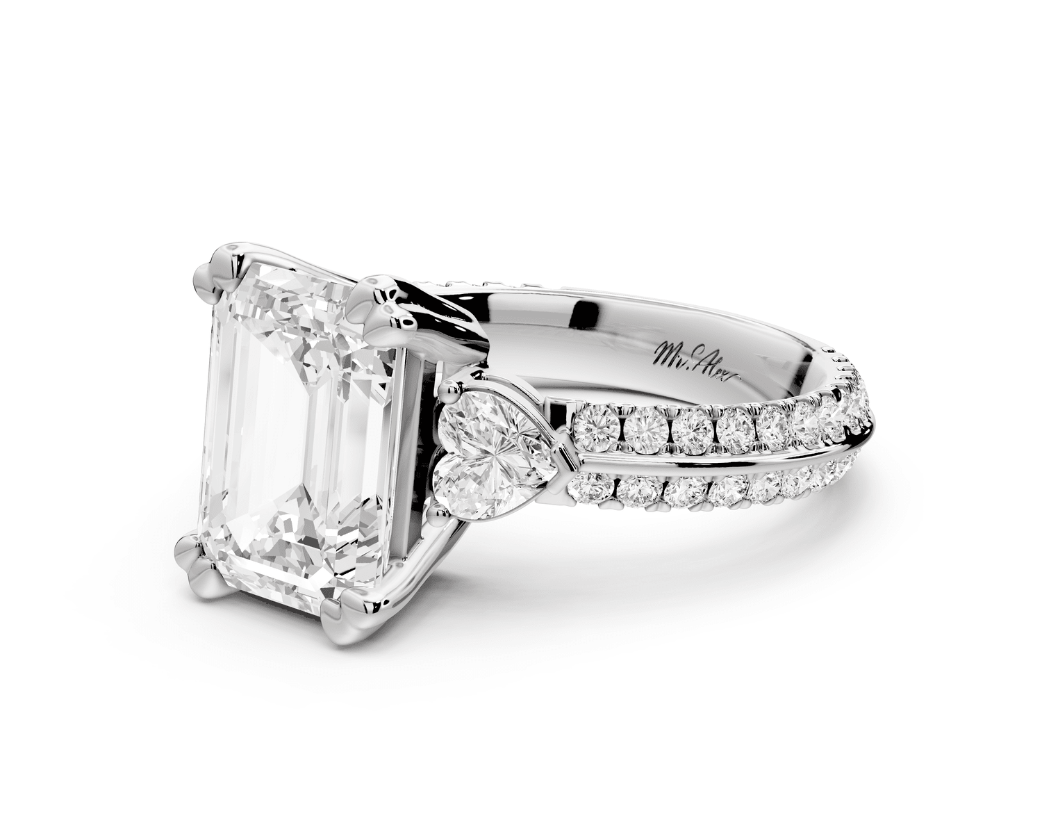 Elinor - 3ct platinum emerald diamond Double talon prongs with two heart side stones and rollover pavé engagement ring - Mr. Alex Jewelry