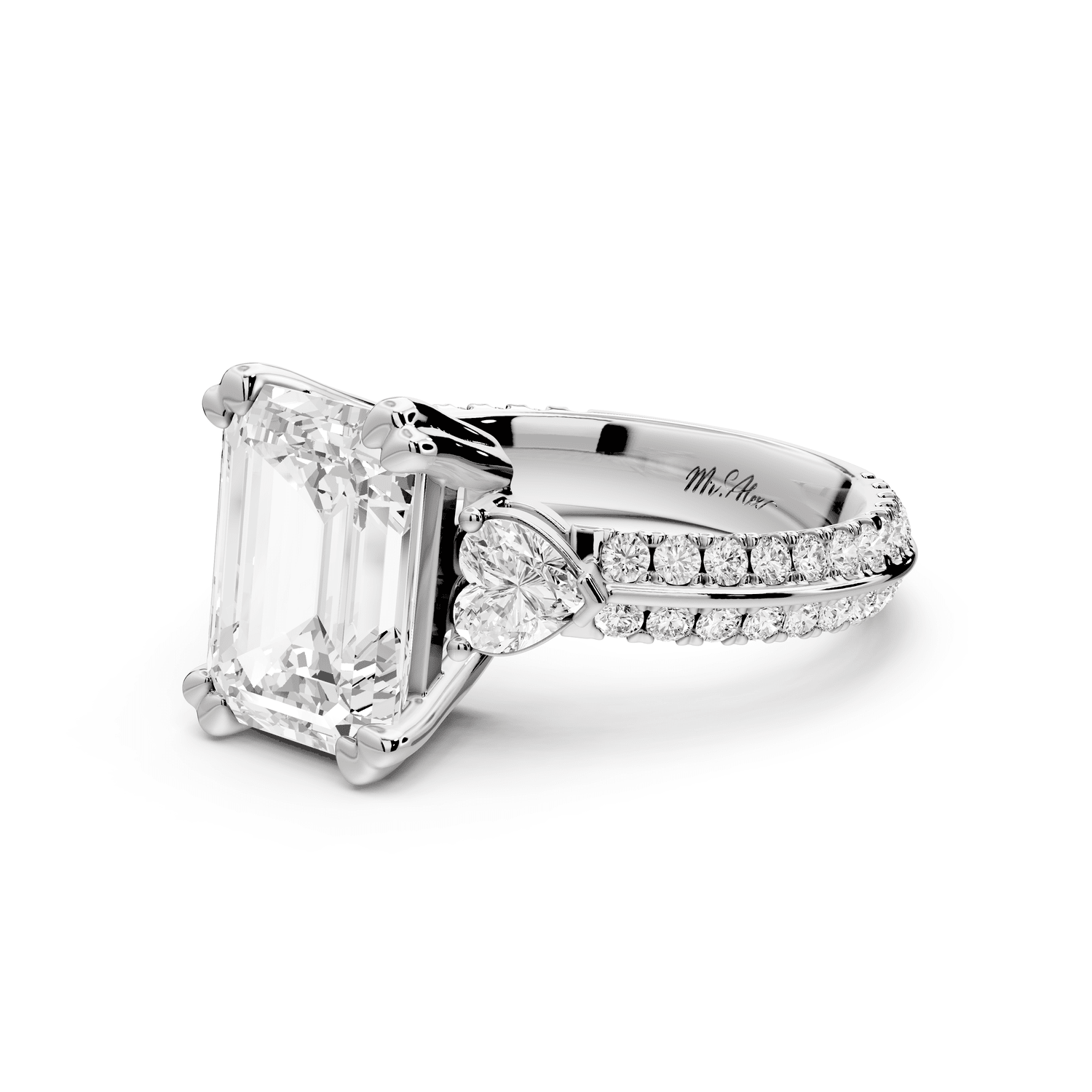 Elinor - 3ct platinum emerald diamond Double talon prongs with two heart side stones and rollover pavé engagement ring - Mr. Alex Jewelry