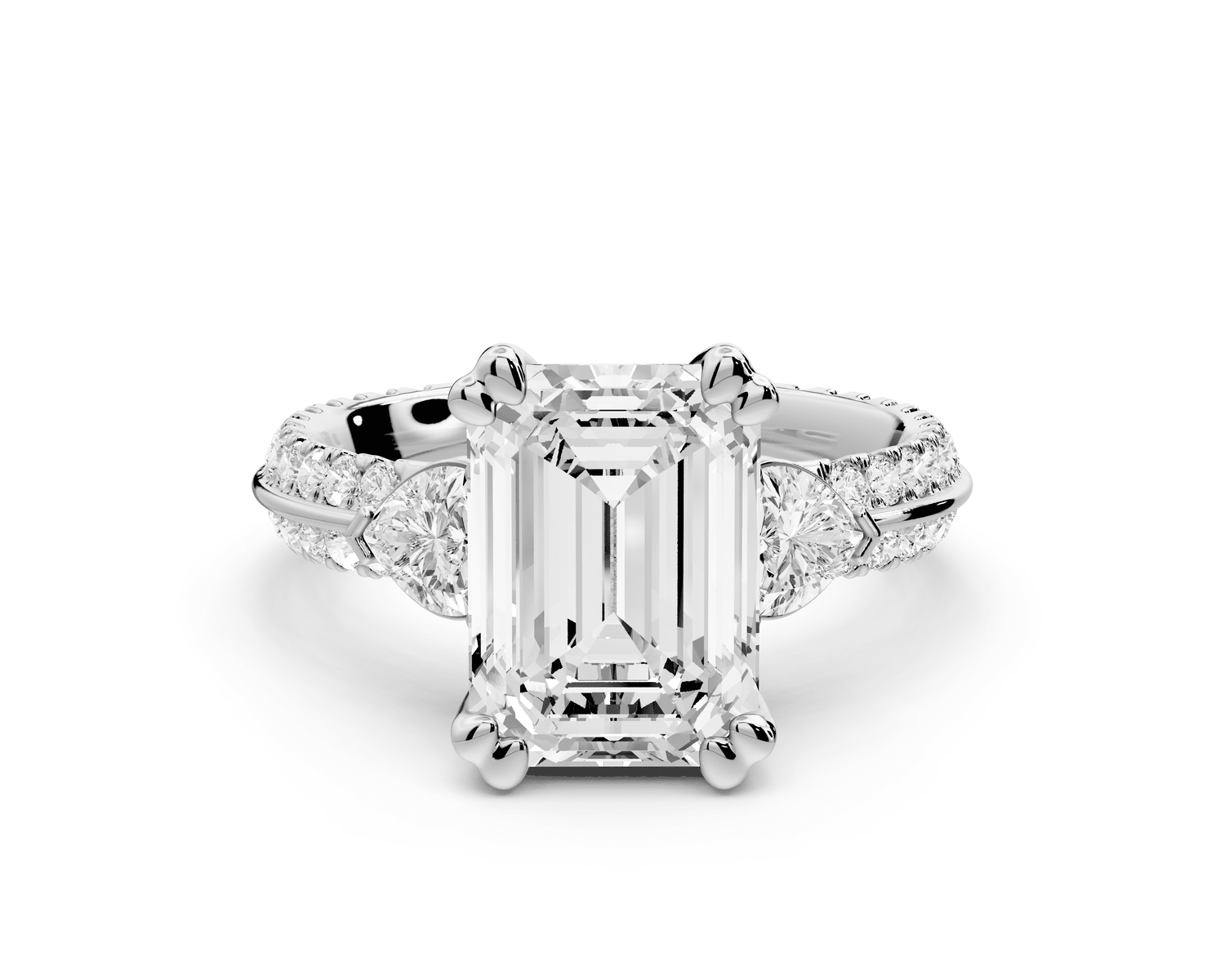Elinor - 3ct platinum emerald diamond Double talon prongs with two heart side stones and rollover pavé engagement ring - Mr. Alex Jewelry