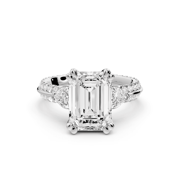 Elinor - 3ct platinum emerald diamond Double talon prongs with two heart side stones and rollover pavé engagement ring - Mr. Alex Jewelry