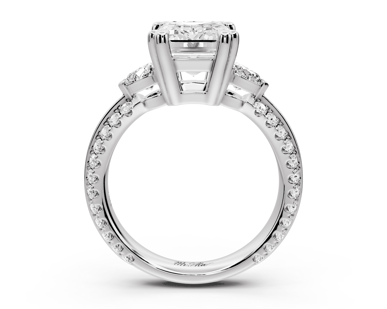 Elinor - 3ct platinum emerald diamond Double talon prongs with two heart side stones and rollover pavé engagement ring - Mr. Alex Jewelry