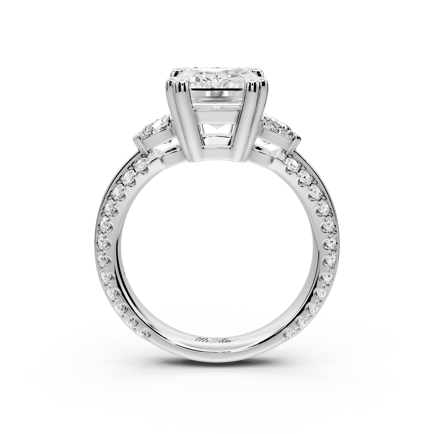 Elinor - 3ct platinum emerald diamond Double talon prongs with two heart side stones and rollover pavé engagement ring - Mr. Alex Jewelry