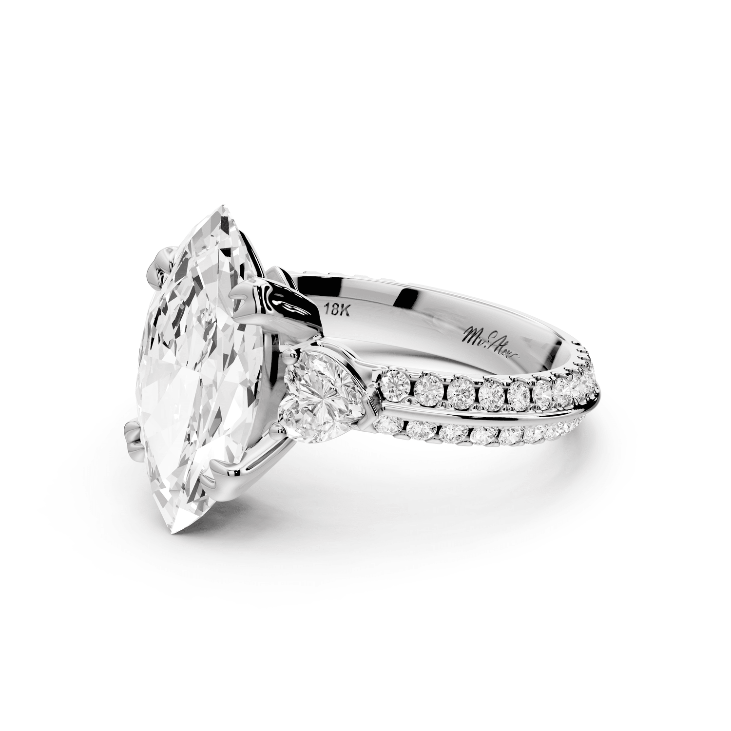 Elinor - 3ct platinum marquise diamond Double talon prongs with two heart side stones and rollover pavé engagement ring - Mr. Alex Jewelry