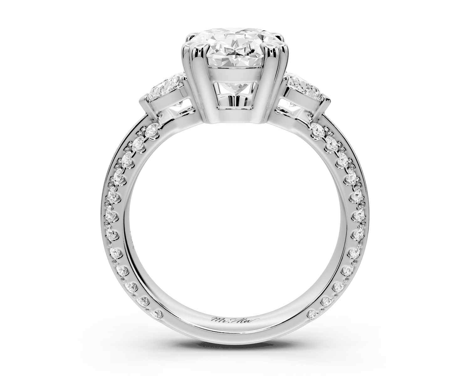 Elinor - 3ct platinum oval diamond Double talon prongs with two heart side stones and rollover pavé engagement ring - Mr. Alex Jewelry